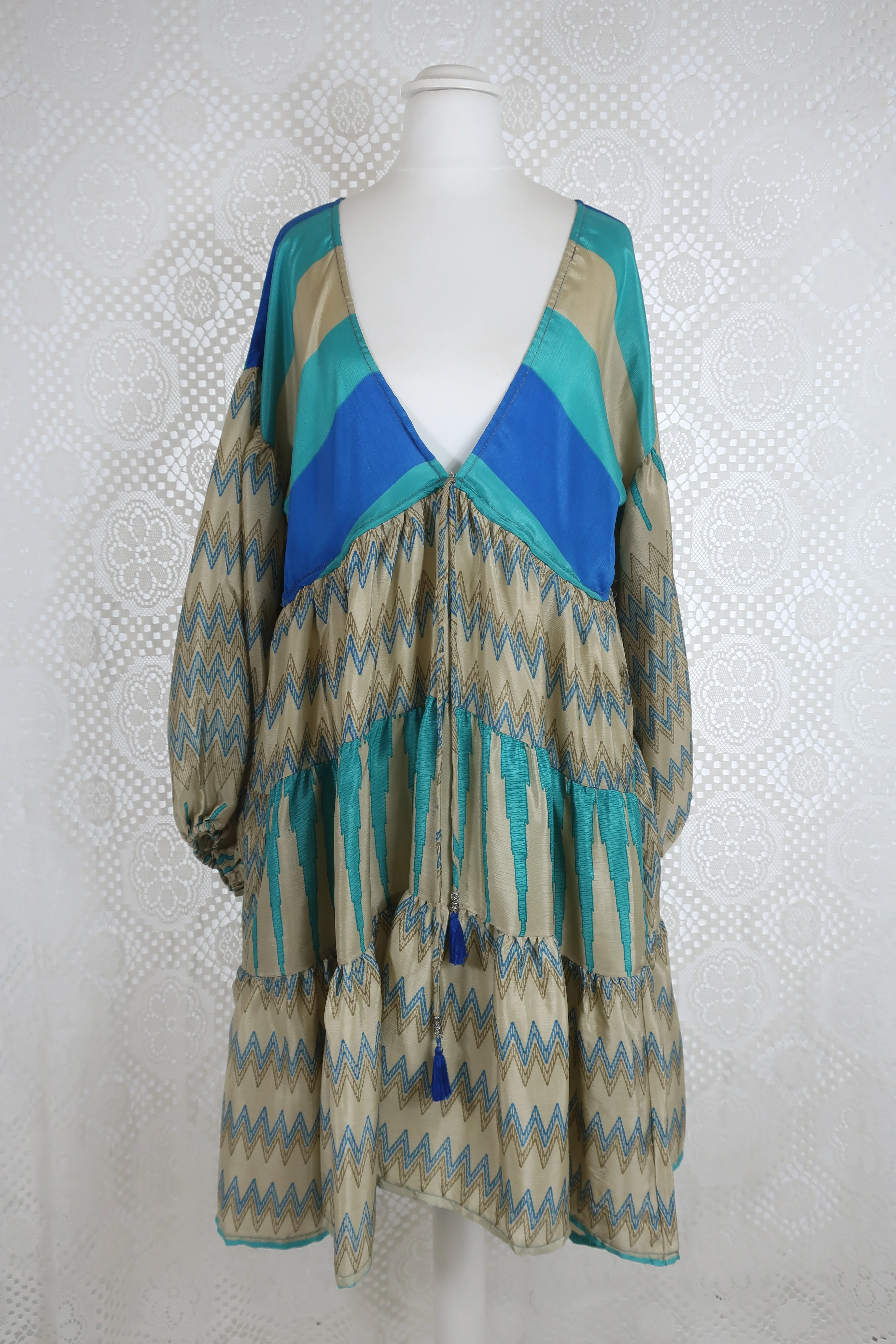 Gypsophila Mini Dress - Vintage Indian Sari - Gold & Sea Blue Graphic - S/M - Image 7