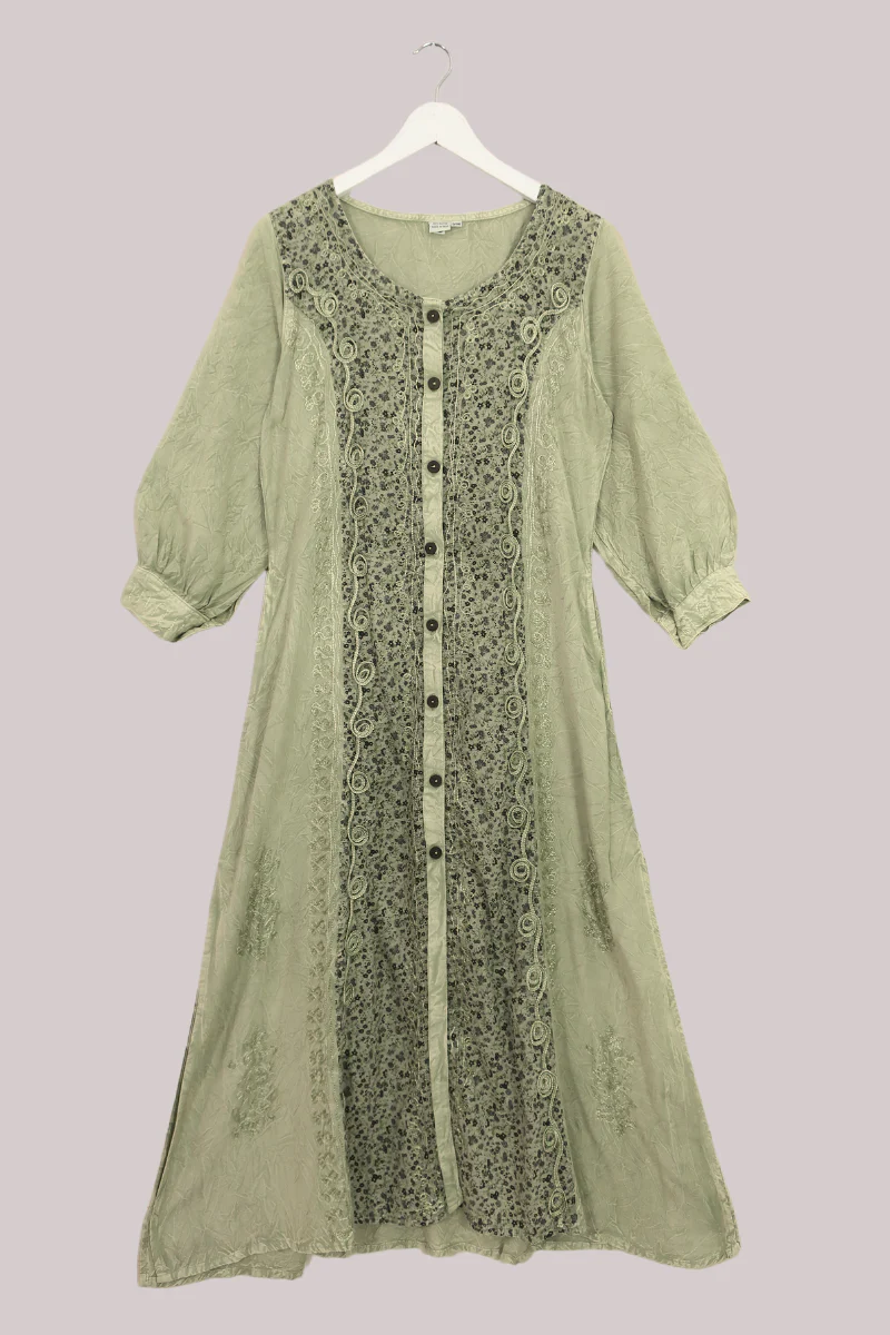Indian Embroidered Half-Sleeve Maxi in Dusty Sage Floral - Image 2