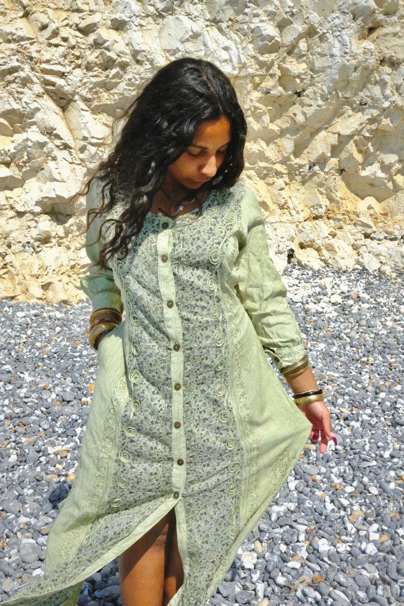 Indian Embroidered Half-Sleeve Maxi in Dusty Sage Floral - Image 3
