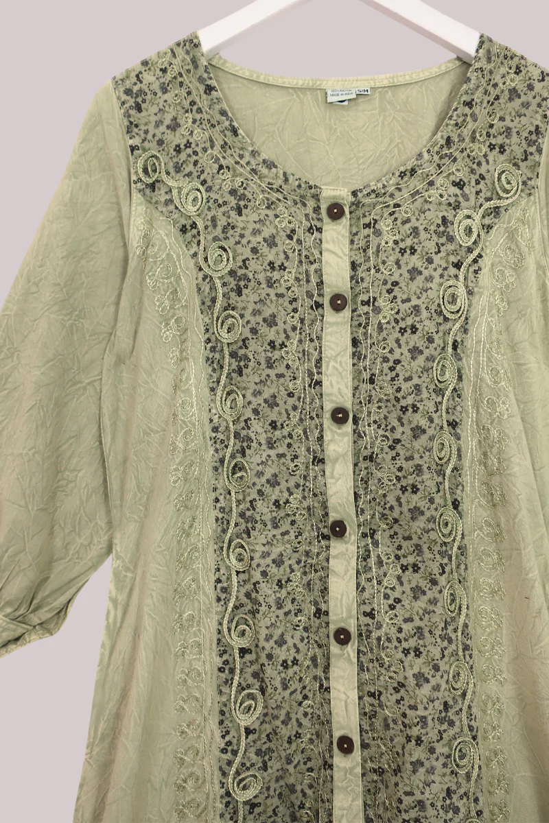 Indian Embroidered Half-Sleeve Maxi in Dusty Sage Floral - Image 4