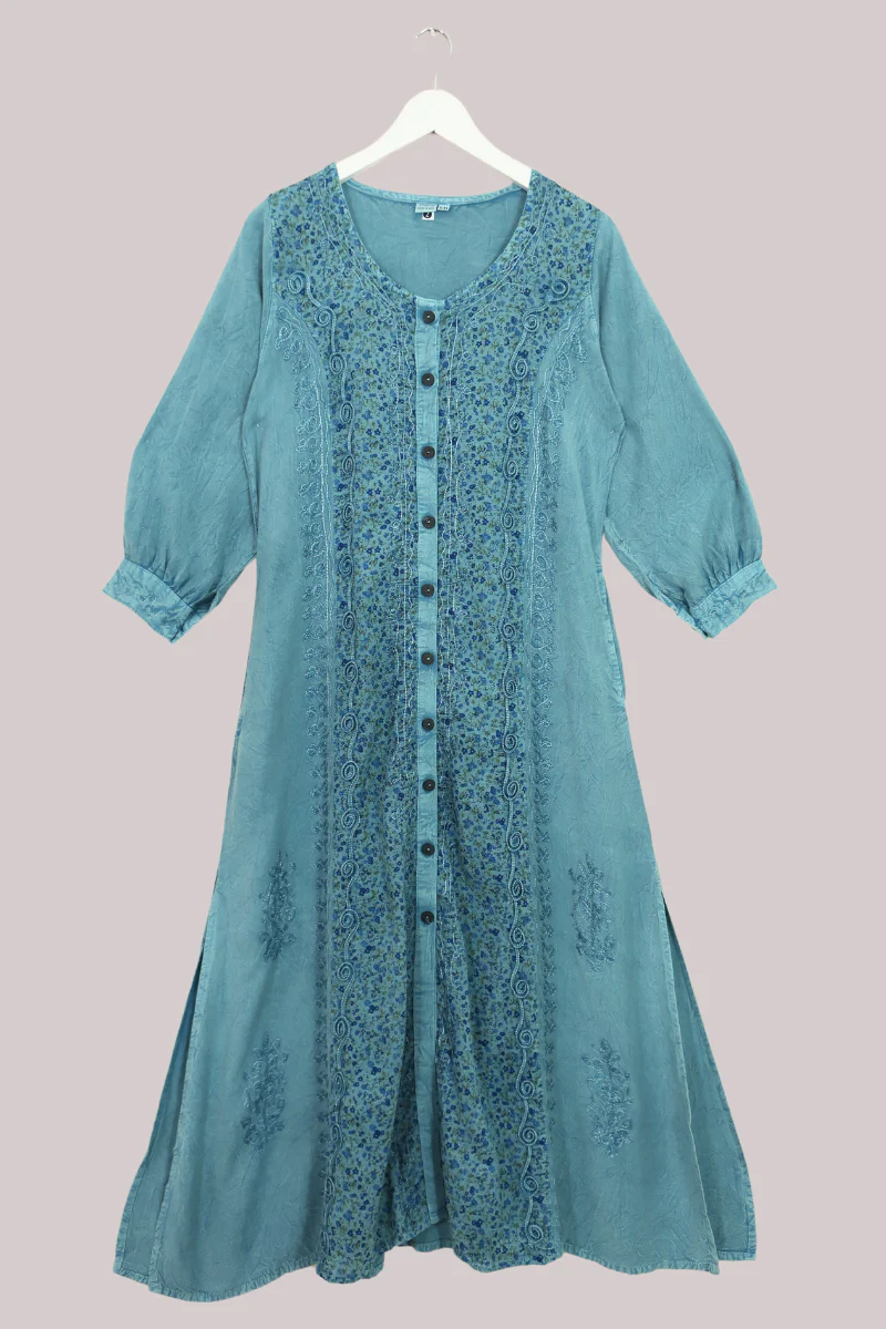 Indian Embroidered Half-Sleeve Maxi in Pearl Blue Floral - Image 2