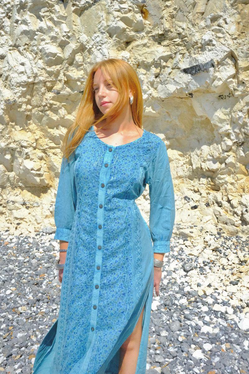 Indian Embroidered Half-Sleeve Maxi in Pearl Blue Floral - Image 3