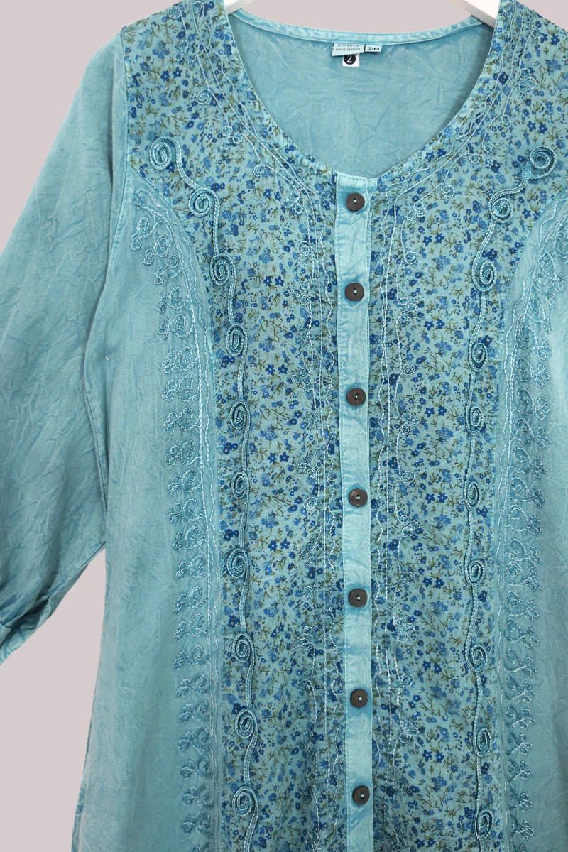 Indian Embroidered Half-Sleeve Maxi in Pearl Blue Floral - Image 4