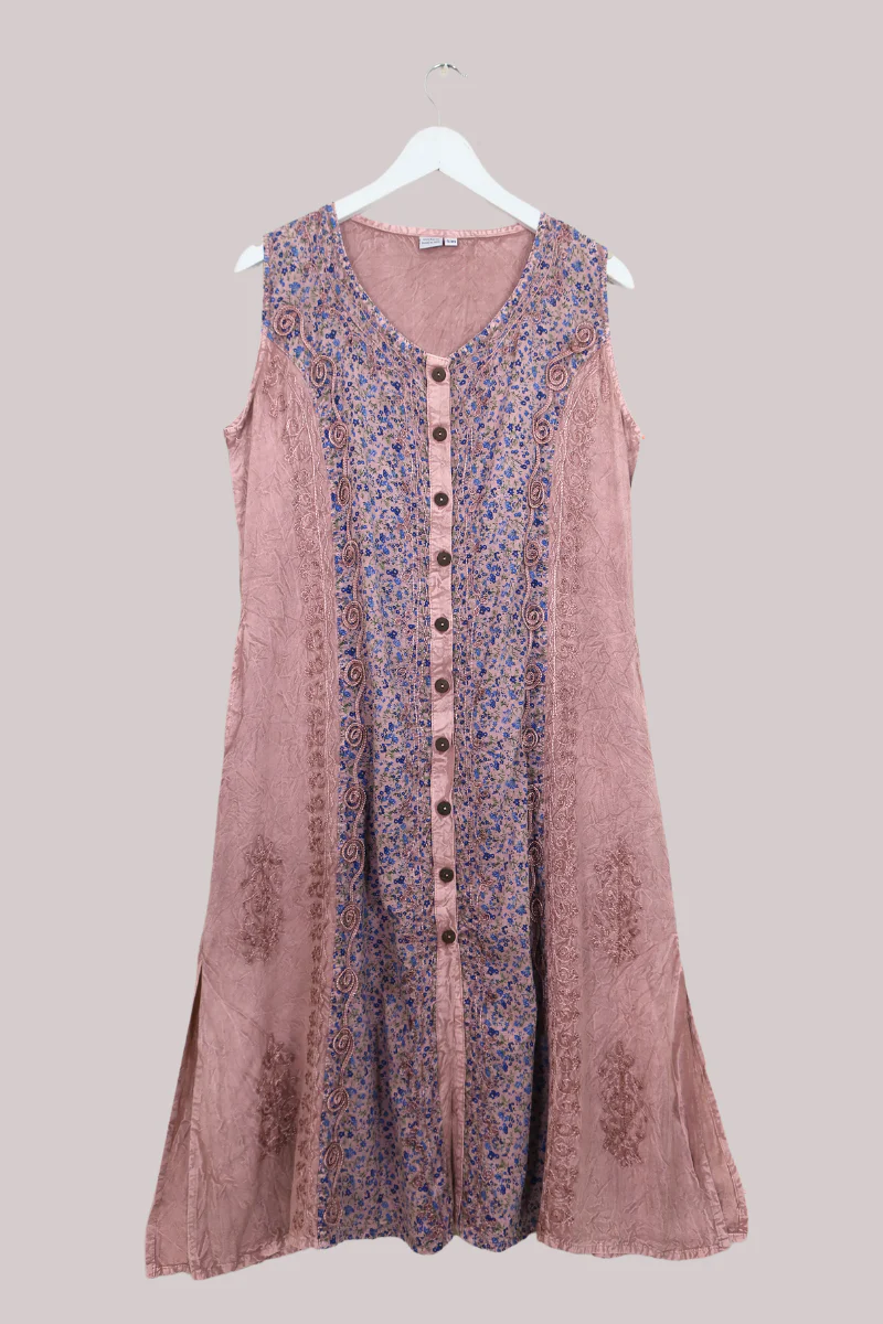 Embroidered Sleeveless Kaftan Midi in Heather Pink Floral - Image 2