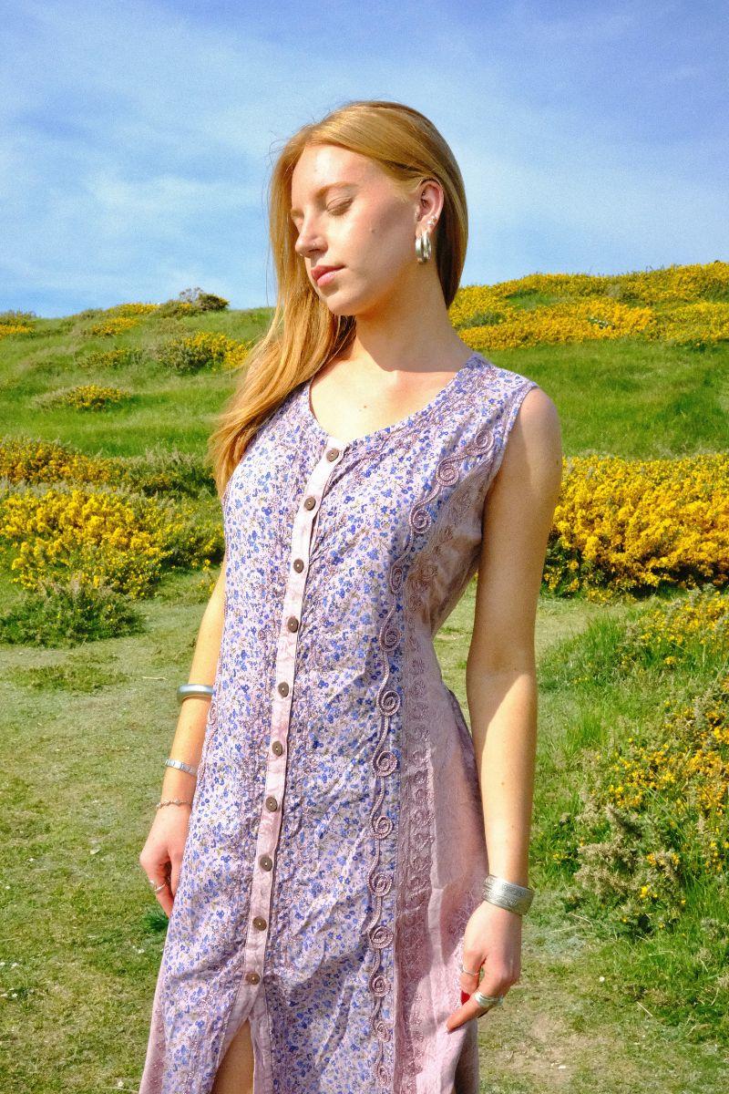 Embroidered Sleeveless Kaftan Midi in Heather Pink Floral - Image 3