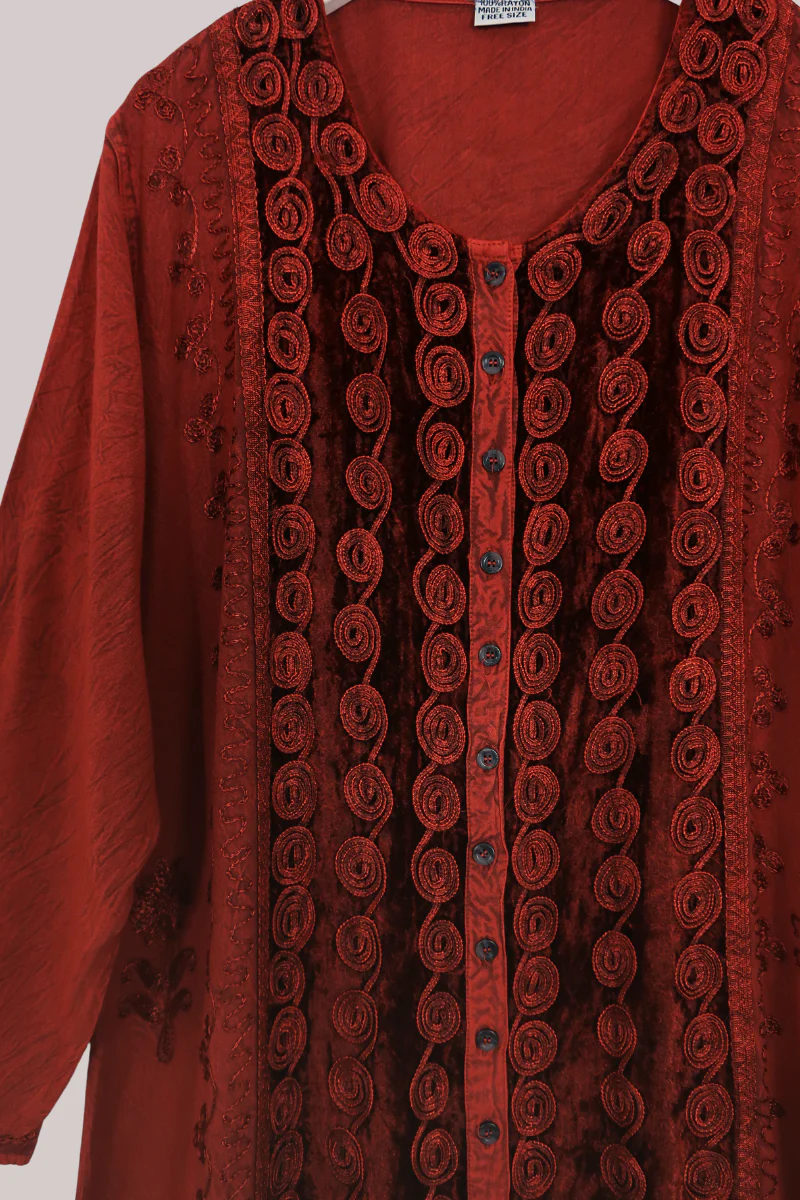 Indian Velvet Embroidered Kaftan in Crimson Red - Image 2