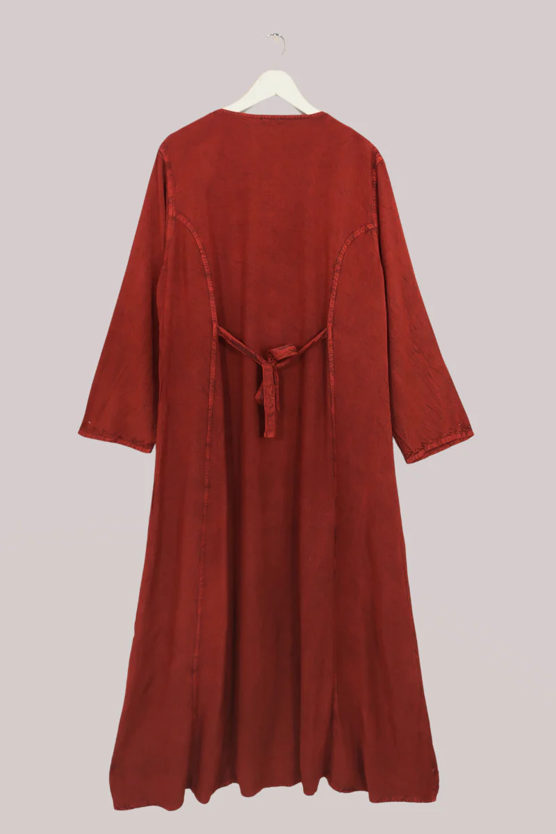 Indian Velvet Embroidered Kaftan in Crimson Red - Image 3