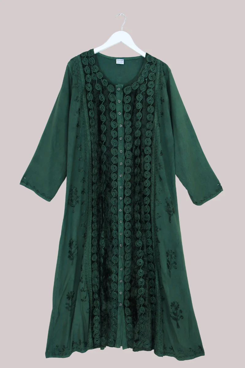 Indian Velvet Embroidered Kaftan in Deep Evergreen