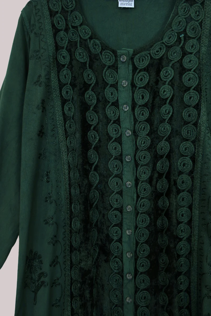 Indian Velvet Embroidered Kaftan in Deep Evergreen - Image 2