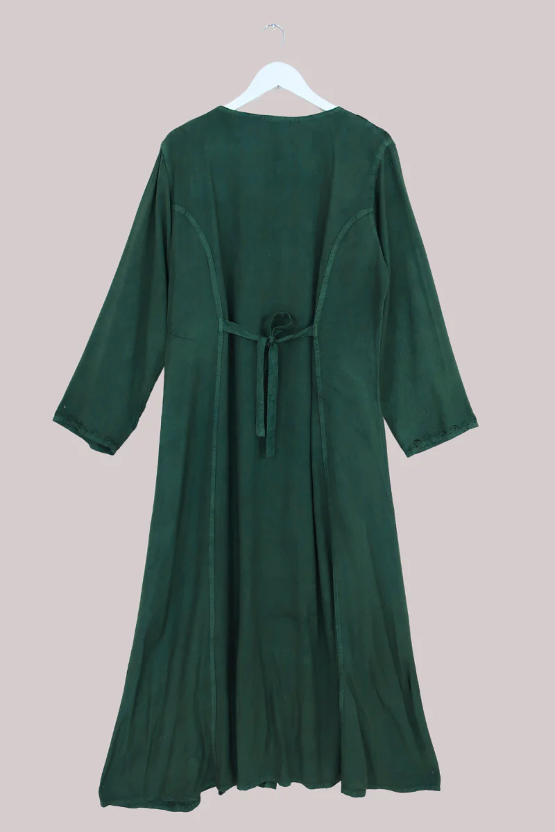 Indian Velvet Embroidered Kaftan in Deep Evergreen - Image 3