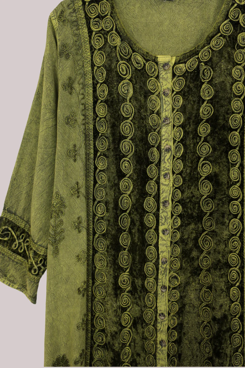 Indian Velvet Embroidered Kaftan in Woodland Moss - Image 2
