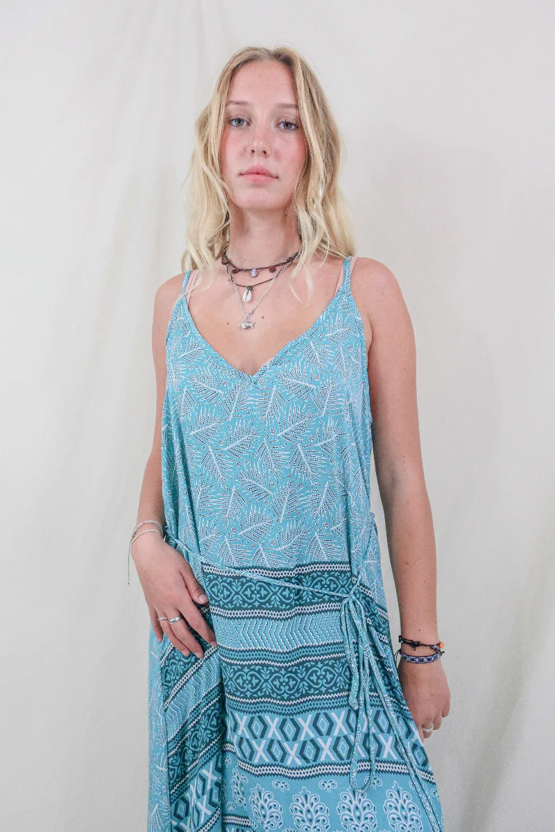 Jamie Dress - Indian Sari Slip - Beach Blue Ferns - Size M/L - Image 2