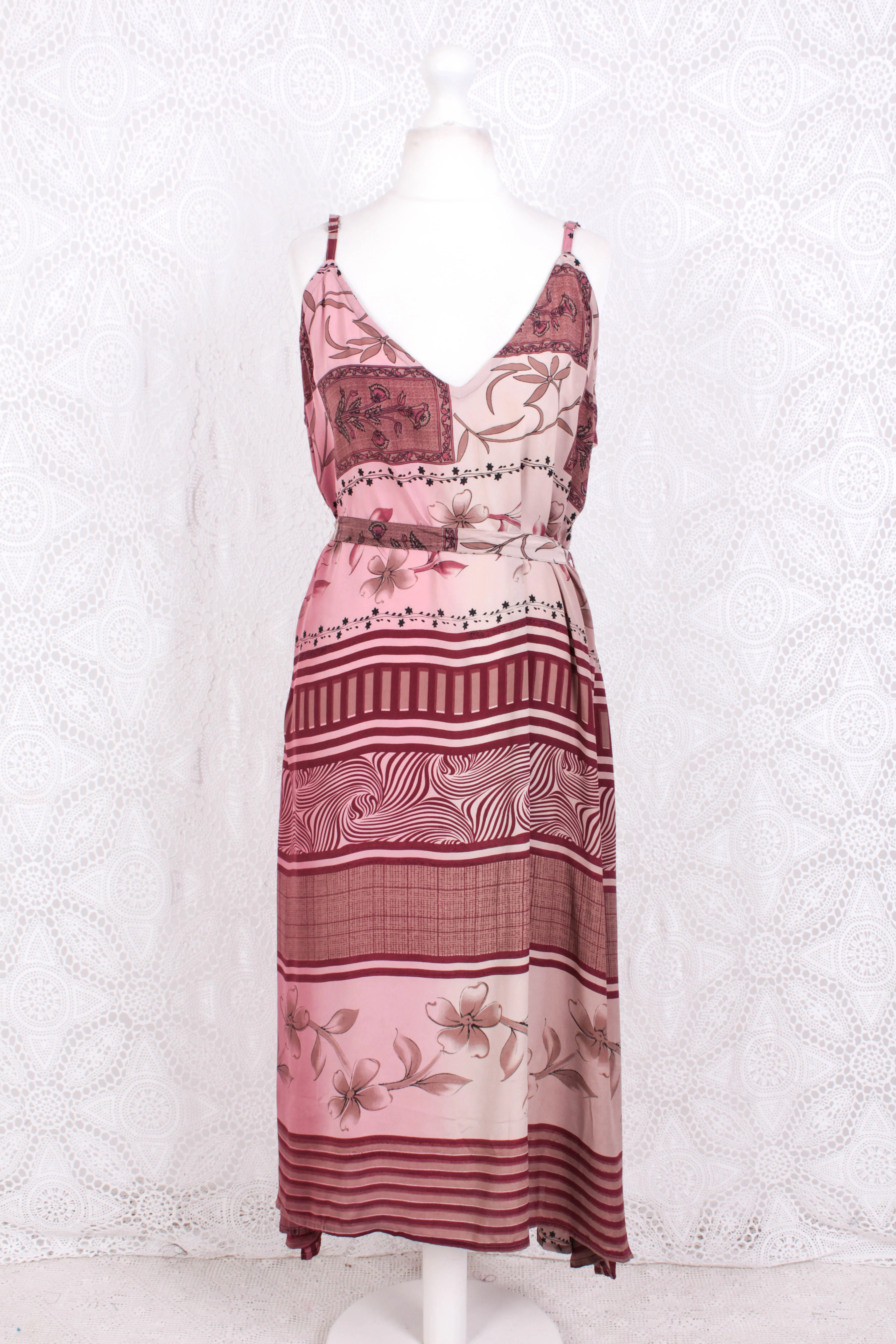 Jamie Dress - Indian Sari Slip Dress - Berry Blush Floral - Size M/L - Image 3