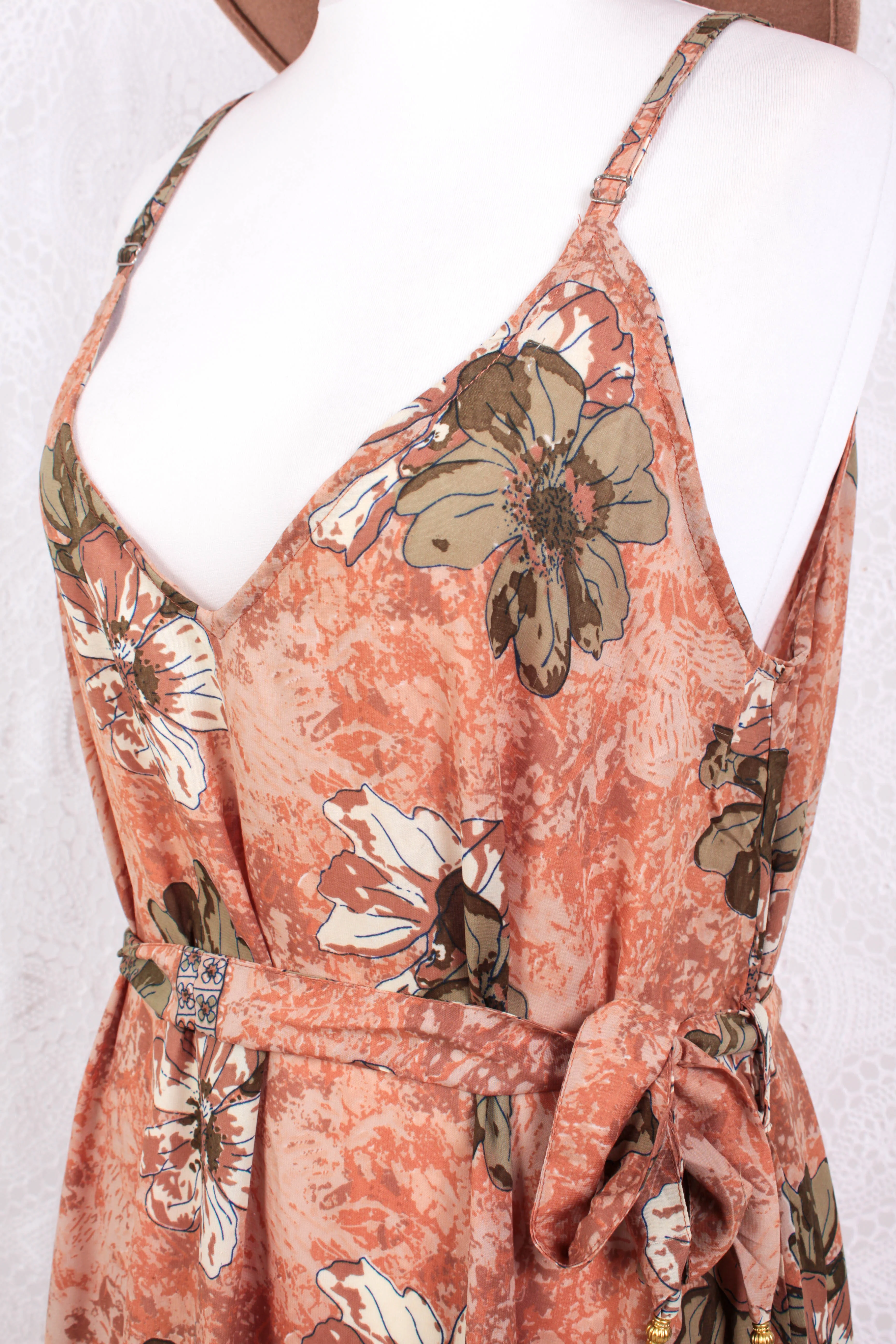 Jamie Dress - Indian Sari Slip Dress - Taupe, Tan & Burnt Orange Floral - Size M/L - Image 3