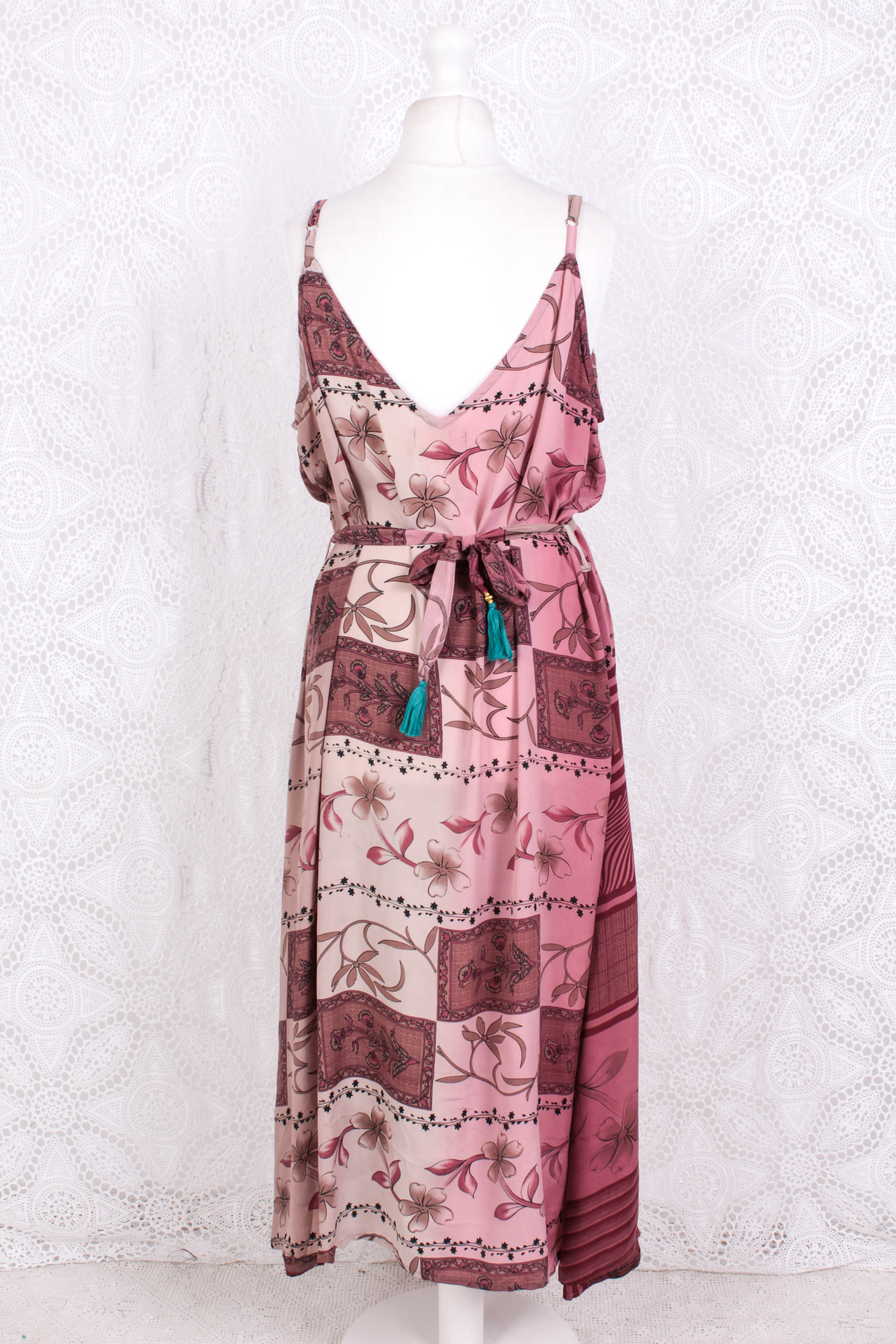 Jamie Dress - Indian Sari Slip Dress - Berry Blush Floral - Size M/L - Image 5