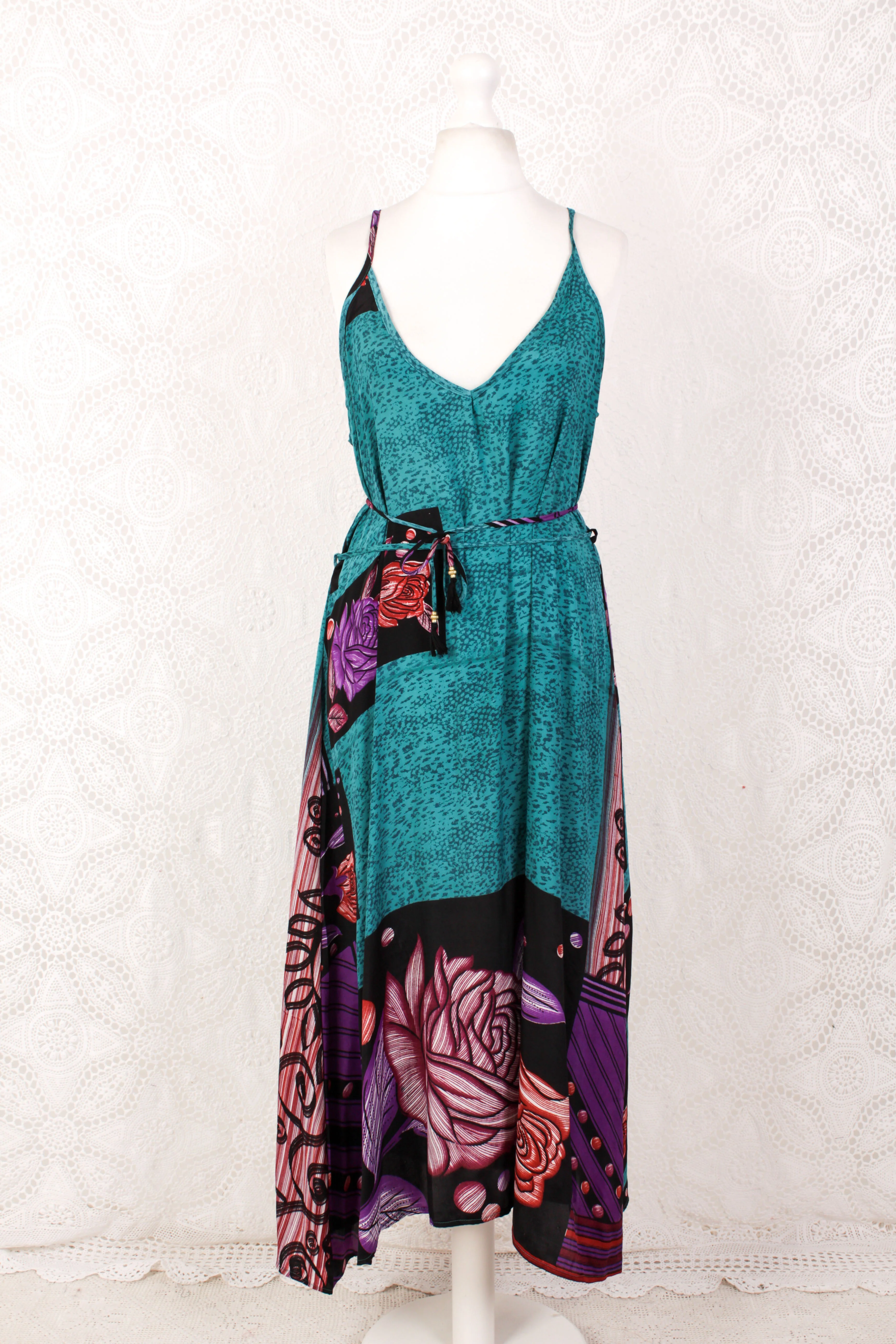 Jamie Dress - Indian Sari Slip Dress - Teal, Onyx & Purple Bold Floral - Size M/L - Image 2