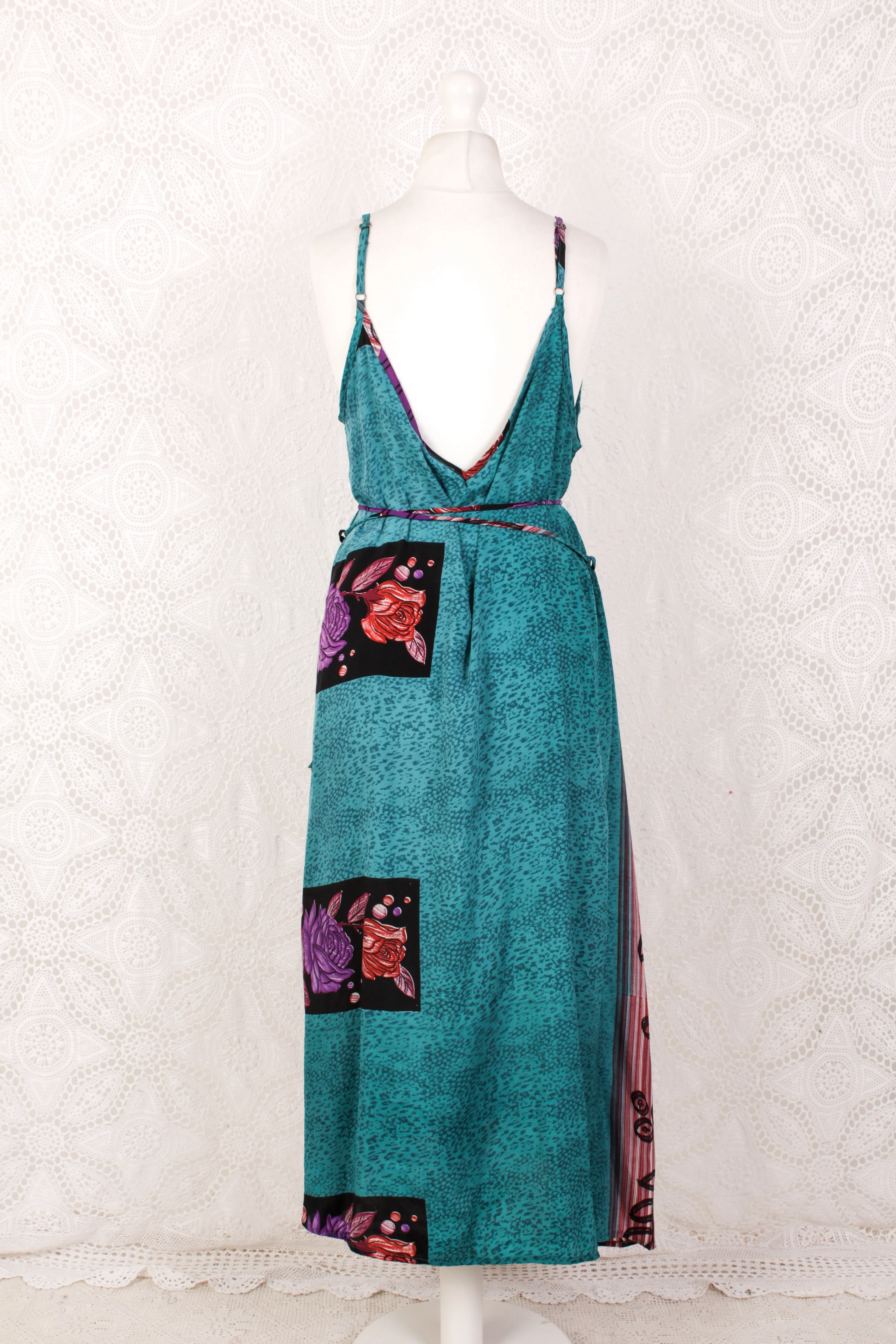Jamie Dress - Indian Sari Slip Dress - Teal, Onyx & Purple Bold Floral - Size M/L - Image 4