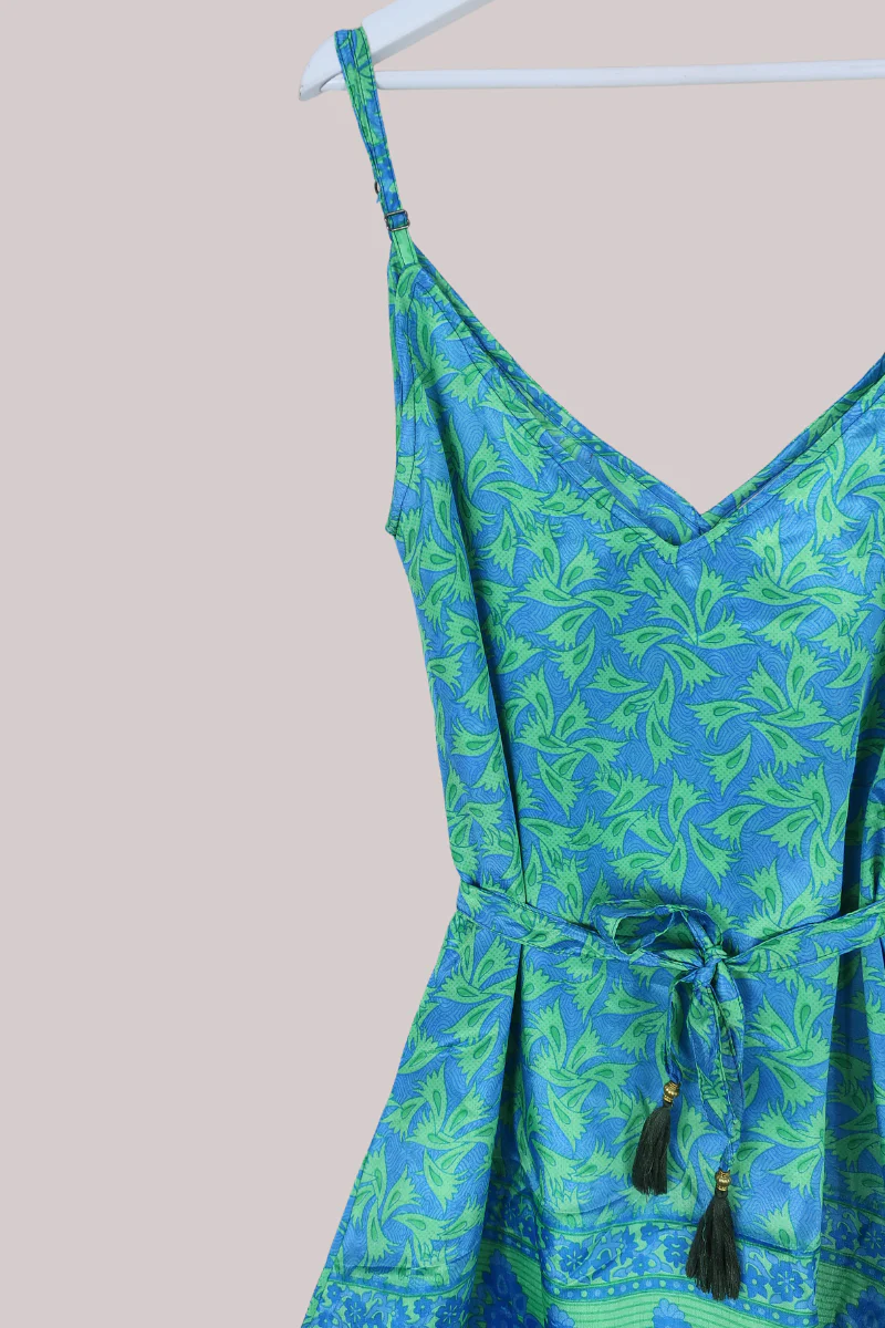Jamie Dress - Indian Sari Slip Dress - Blue & Neon Green - Size S/M - Image 2