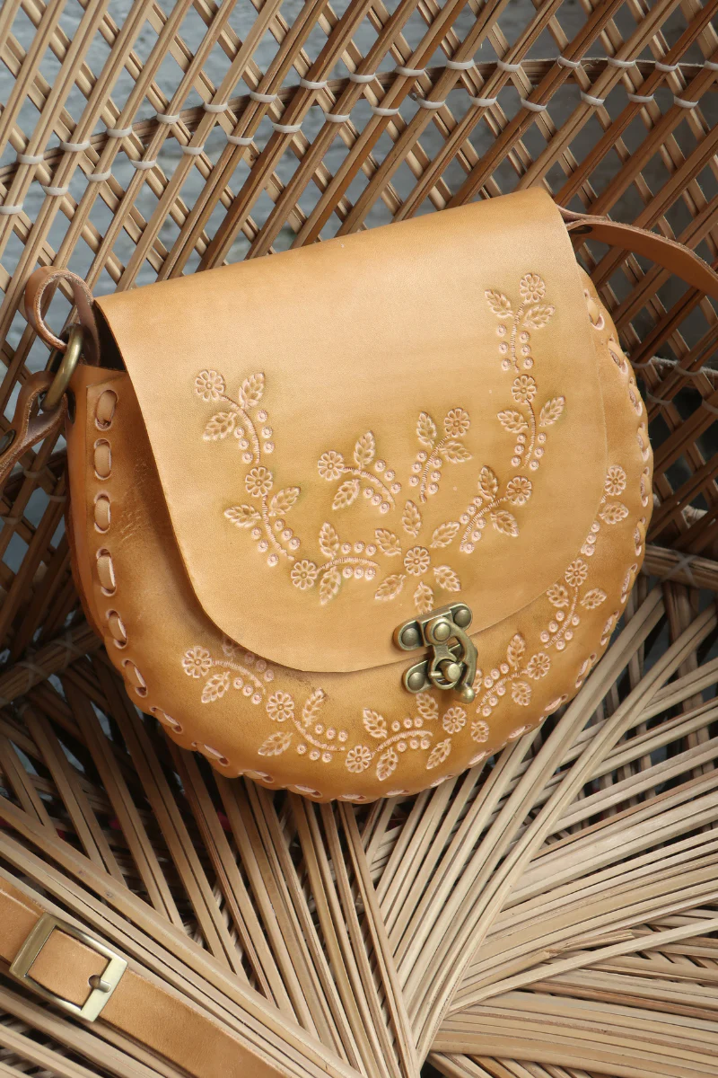 Jemima Embossed Saddle Bag in Fawn Beige - Image 4