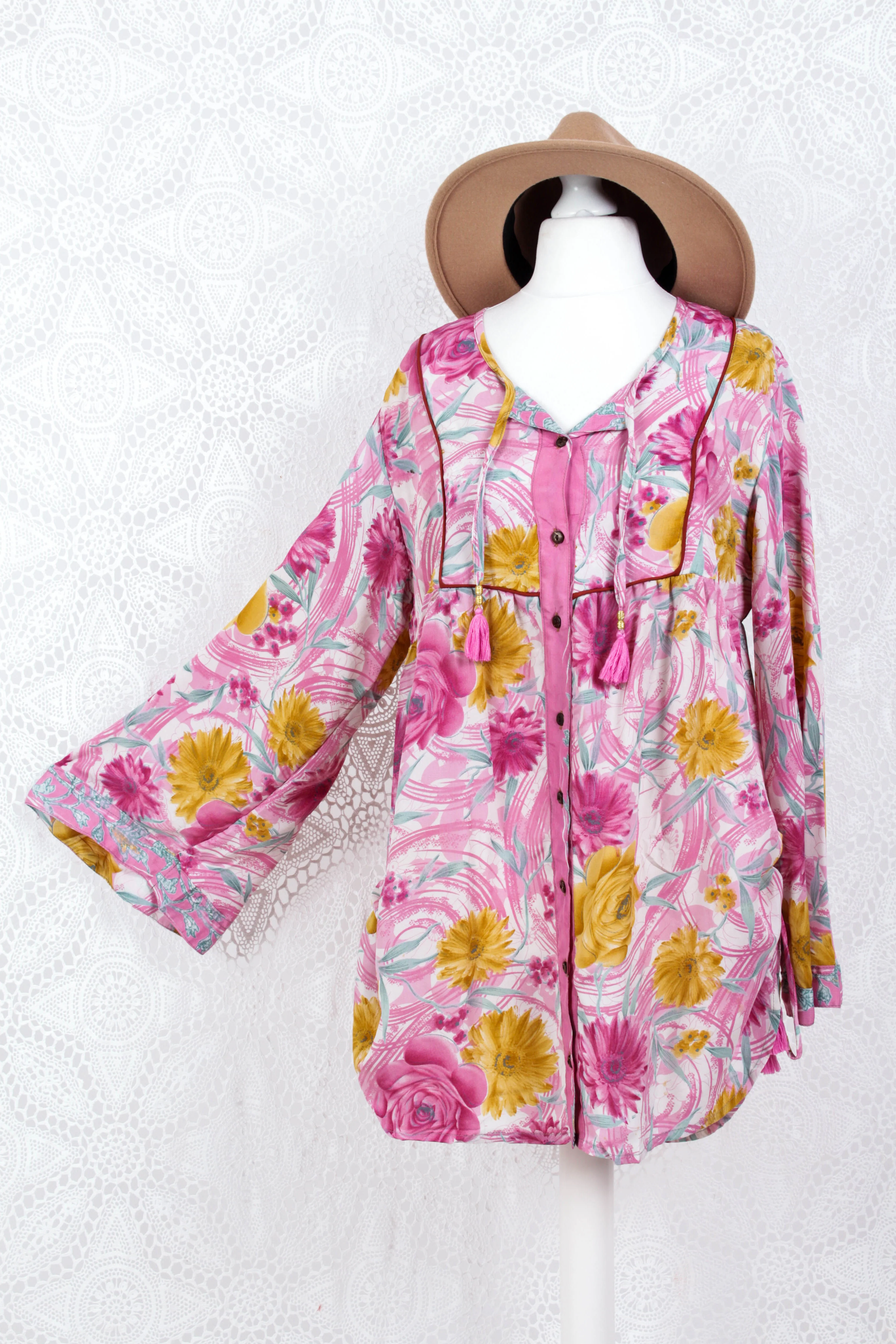 Jude Tunic Top - Vintage Indian Sari - Pink, White & Grey Floral (M/L)