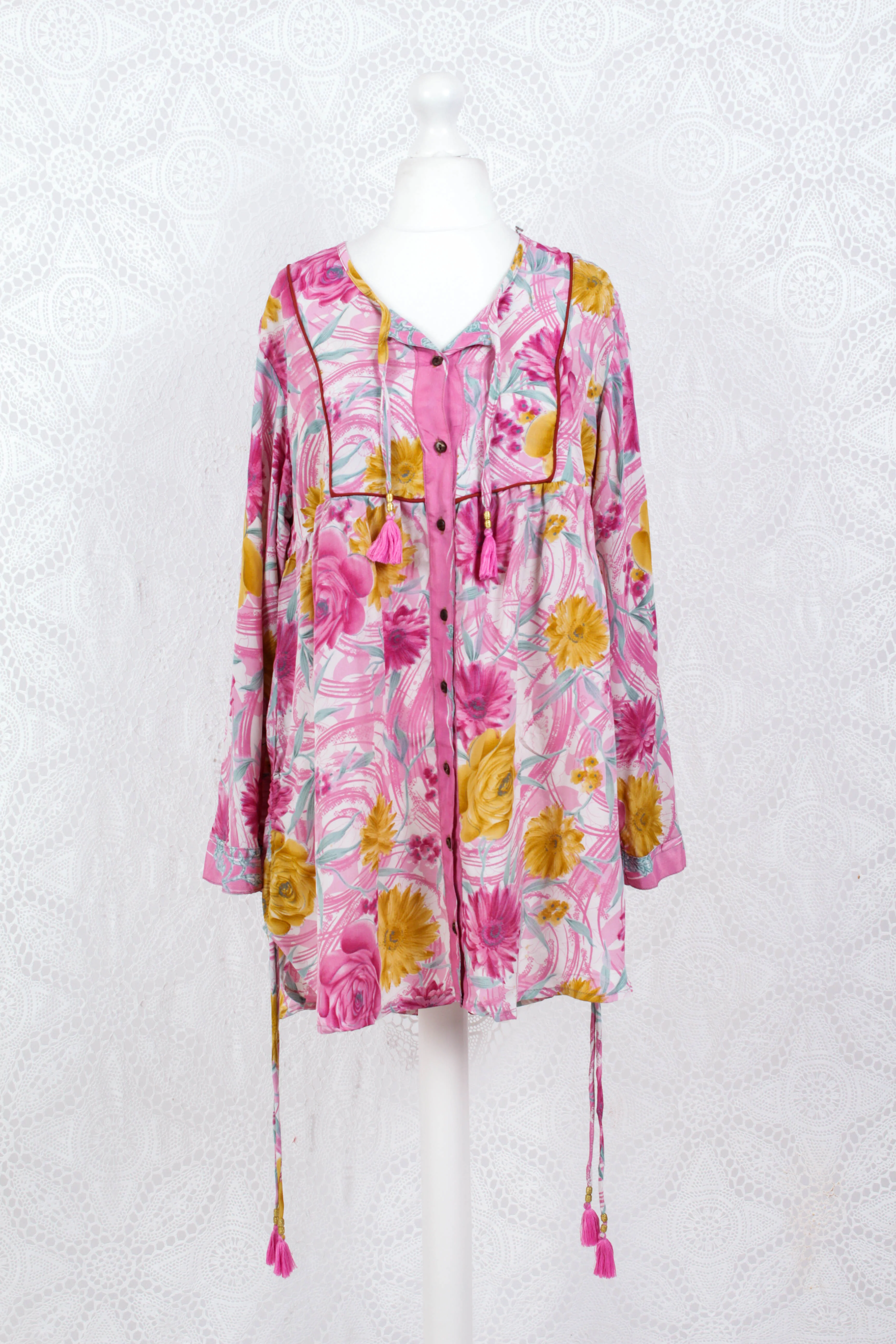 Jude Tunic Top - Vintage Indian Sari - Pink, White & Grey Floral (M/L) - Image 2