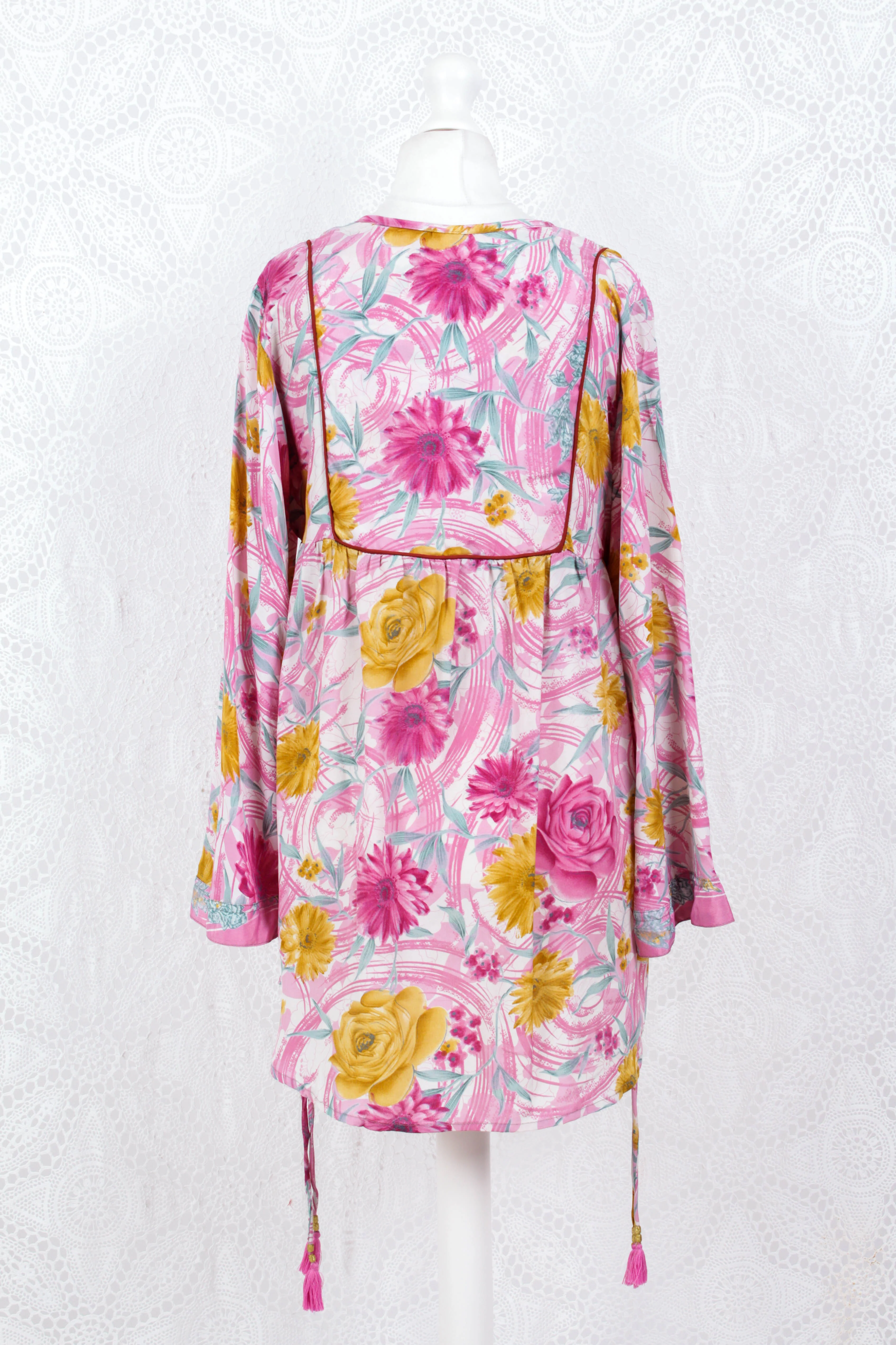 Jude Tunic Top - Vintage Indian Sari - Pink, White & Grey Floral (M/L) - Image 3