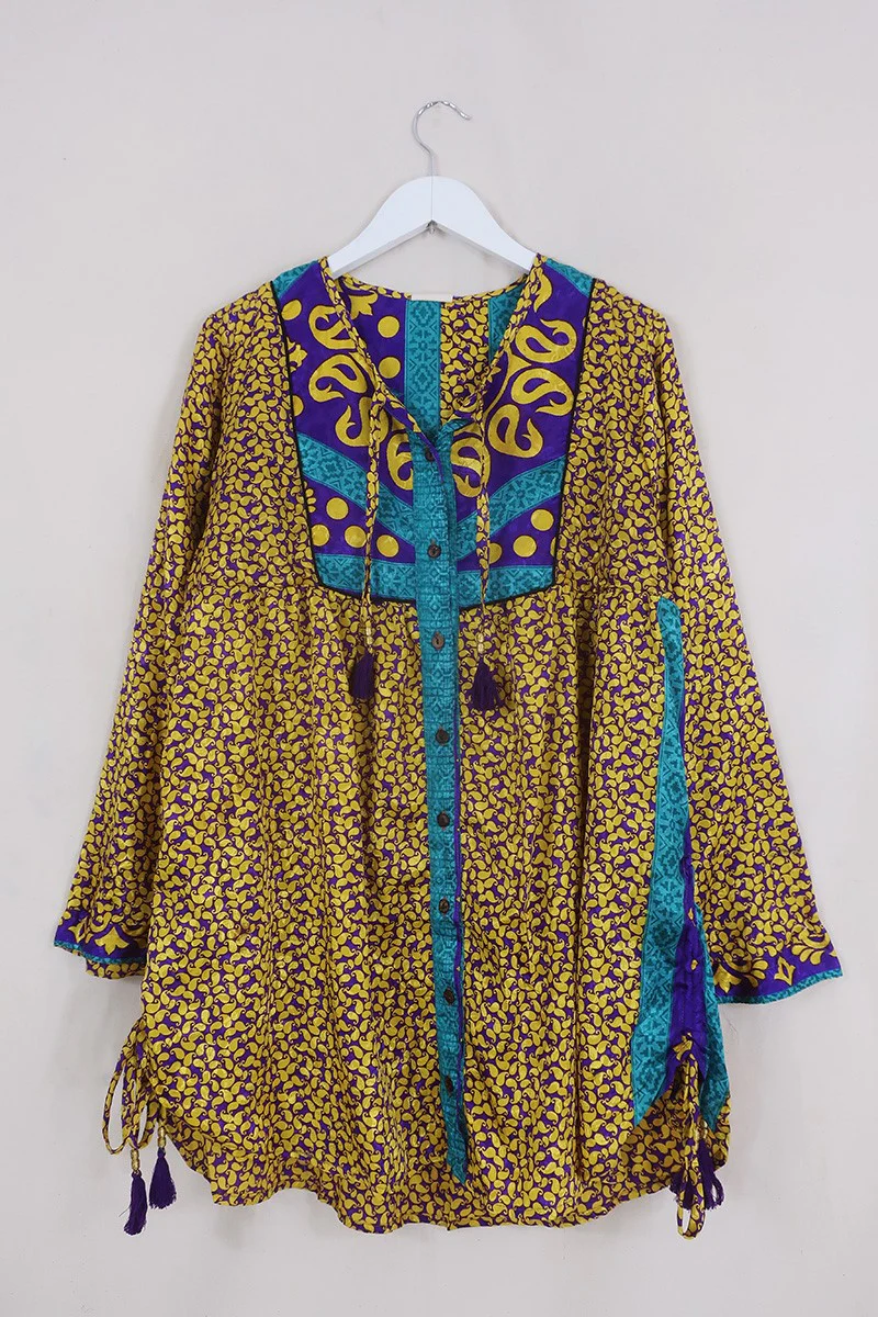 Jude Tunic Top - Violet & Gold Paisley Shimmer - Vintage Indian Sari - Size M/L