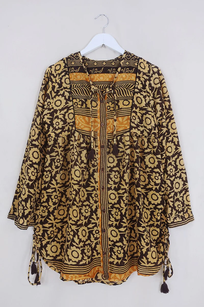 Jude Tunic Top - Burnt Sienna & Sunflowers - Vintage Indian Sari - Size XS