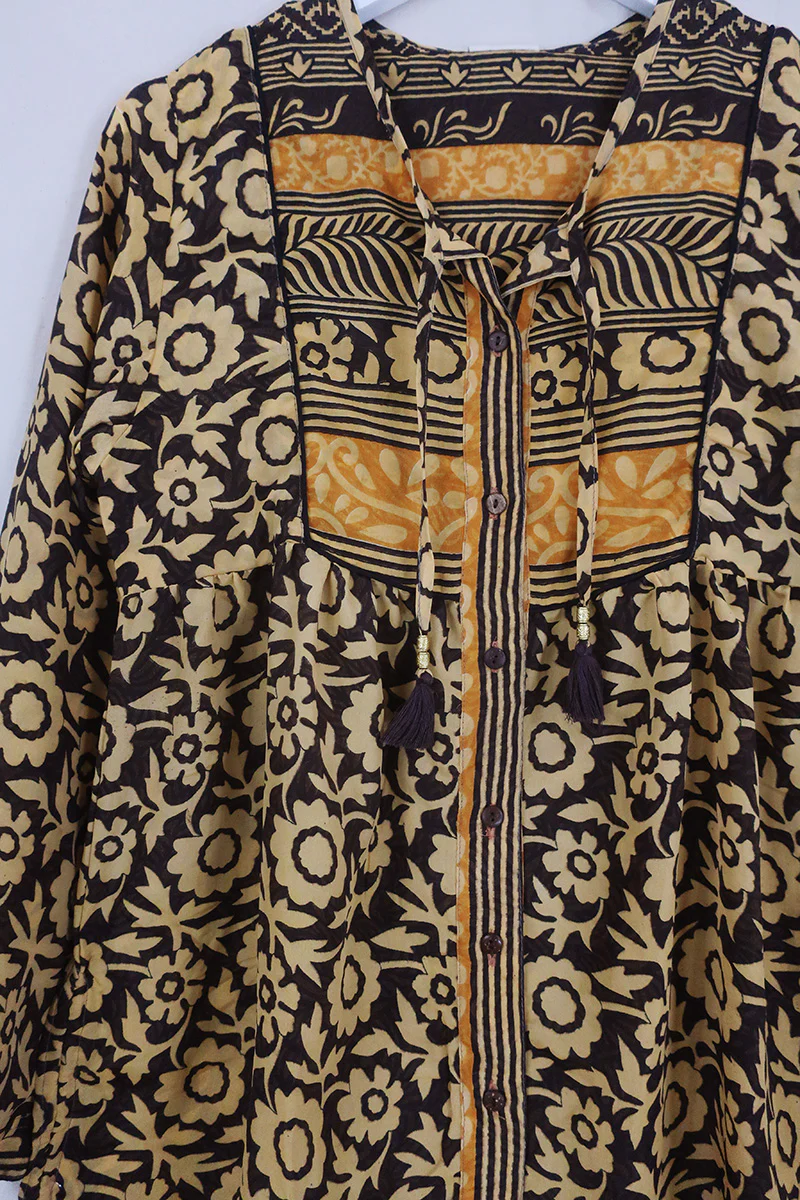 Jude Tunic Top - Burnt Sienna & Sunflowers - Vintage Indian Sari - Size XS - Image 2