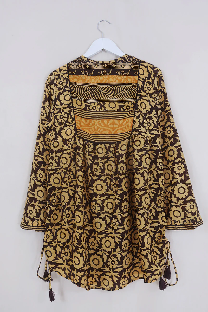 Jude Tunic Top - Burnt Sienna & Sunflowers - Vintage Indian Sari - Size XS - Image 3