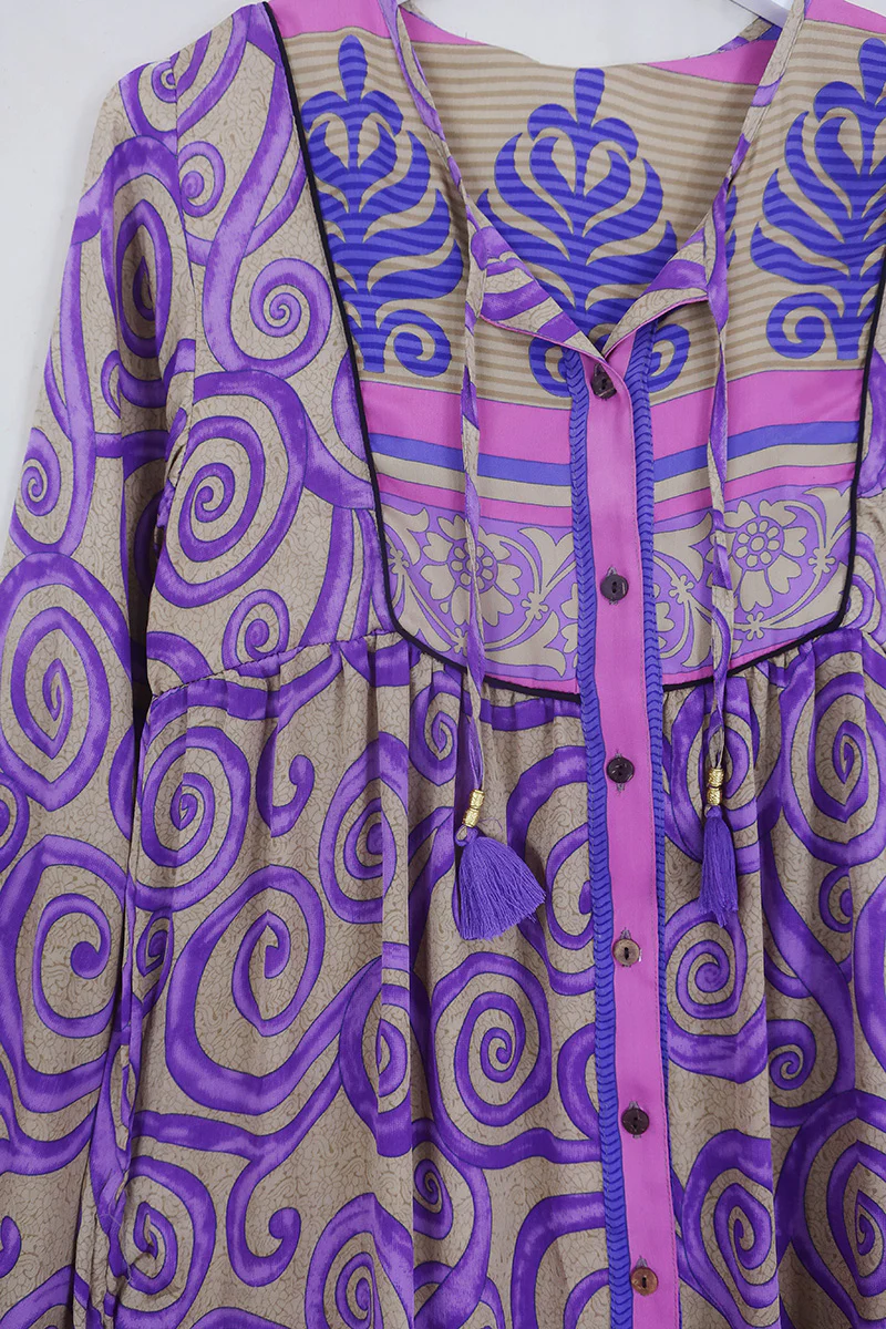 Jude Tunic Top - Cardamom Cream & Pink Swirls - Vintage Indian Sari - Size S - Image 2