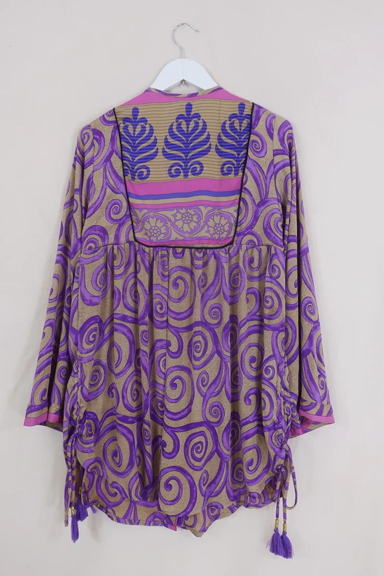 Jude Tunic Top - Cardamom Cream & Pink Swirls - Vintage Indian Sari - Size S - Image 3