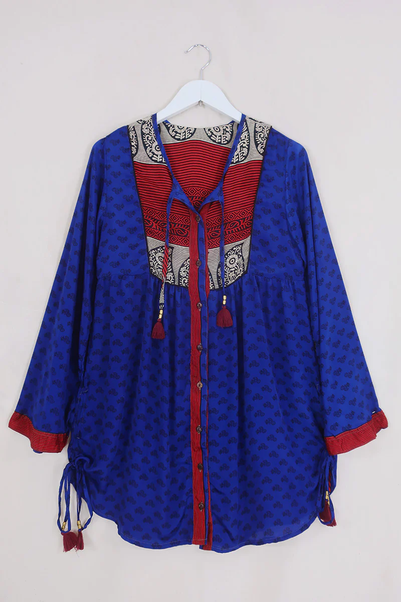 Jude Tunic Top - Sapphire & Scarlet Folk Floral - Vintage Indian Sari - Size XS