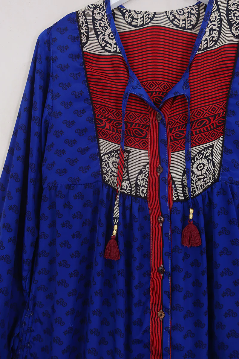 Jude Tunic Top - Sapphire & Scarlet Folk Floral - Vintage Indian Sari - Size XS - Image 2