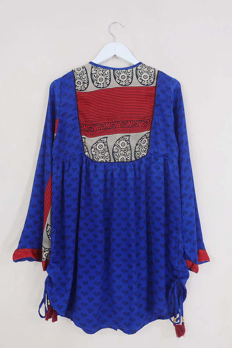 Jude Tunic Top - Sapphire & Scarlet Folk Floral - Vintage Indian Sari - Size XS - Image 3