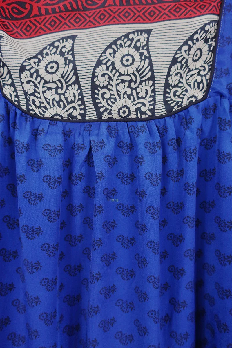 Jude Tunic Top - Sapphire & Scarlet Folk Floral - Vintage Indian Sari - Size XS - Image 4