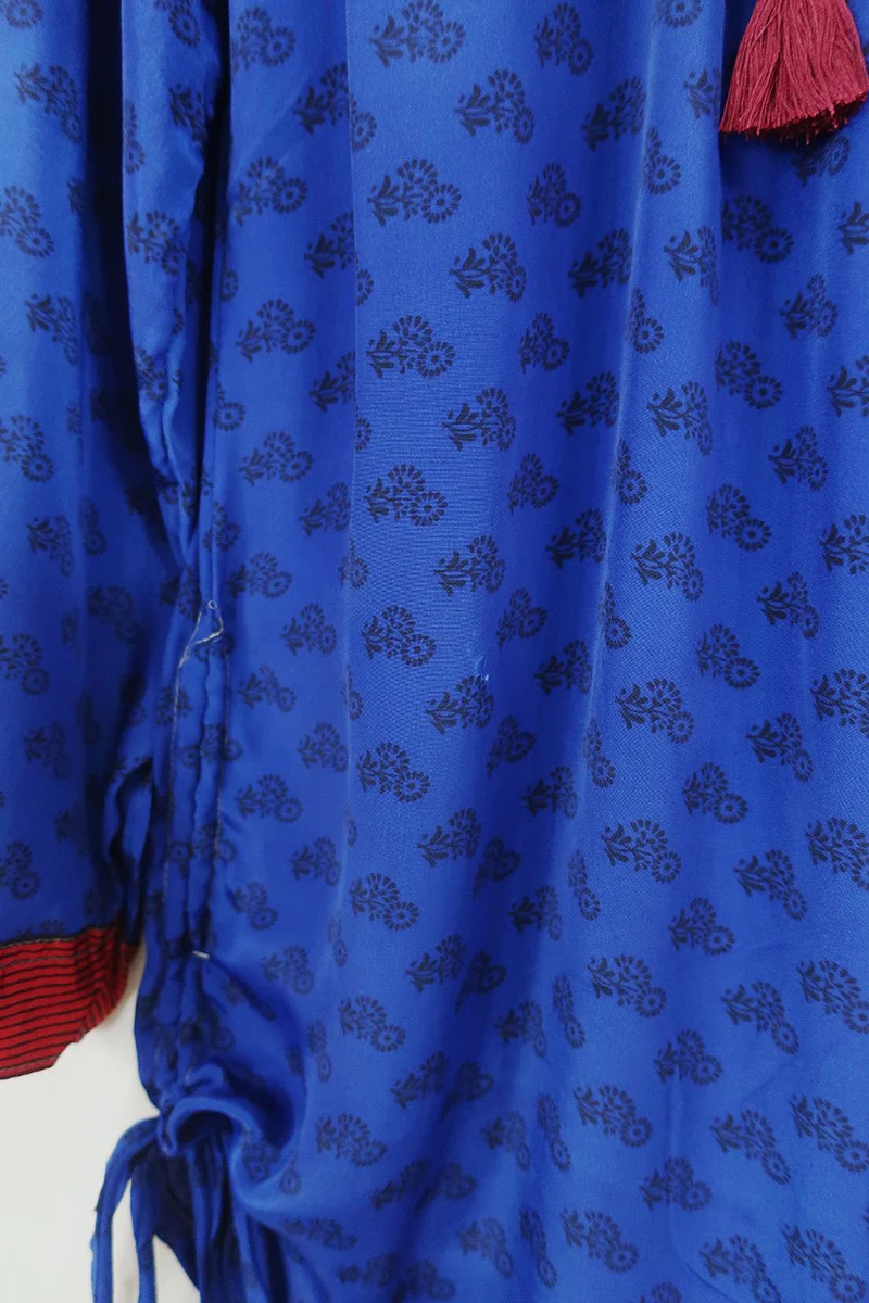 Jude Tunic Top - Sapphire & Scarlet Folk Floral - Vintage Indian Sari - Size XS - Image 5