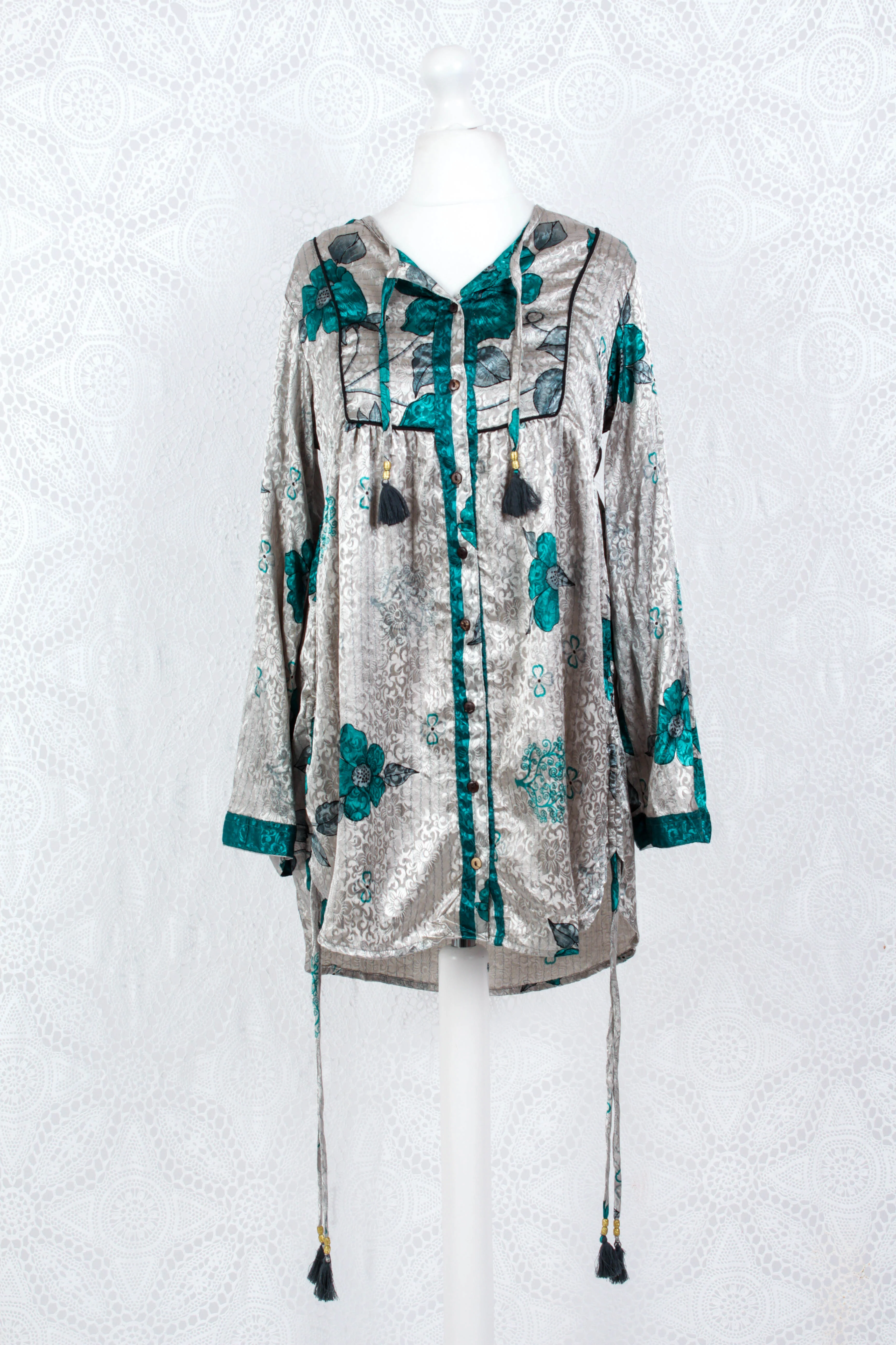 Jude Tunic Top - Vintage Indian Sari - Silver & Teal Shimmer Floral (XS) - Image 2