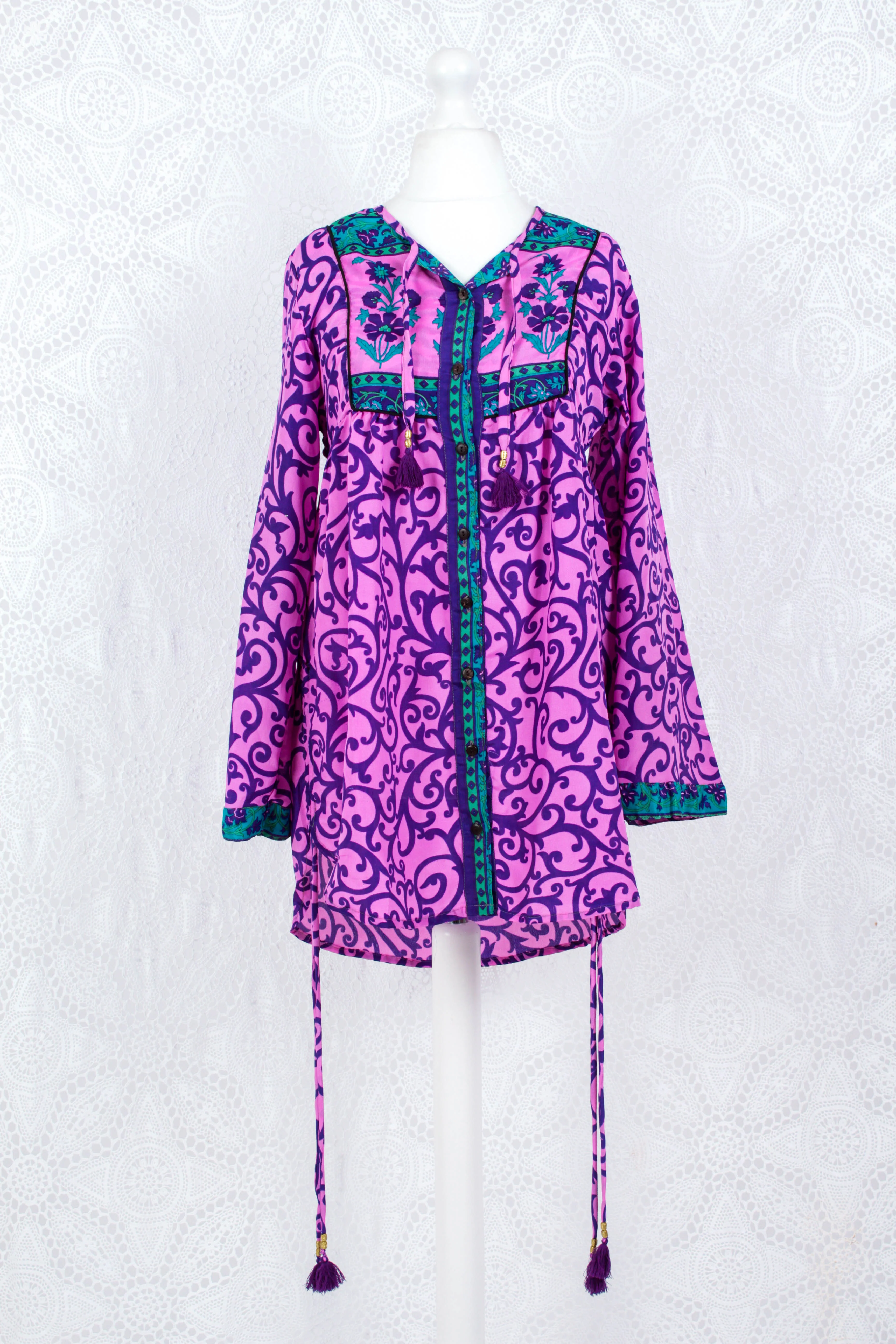 Jude Tunic Top - Vintage Indian Sari - Pink & Purple Floral (XS) - Image 2