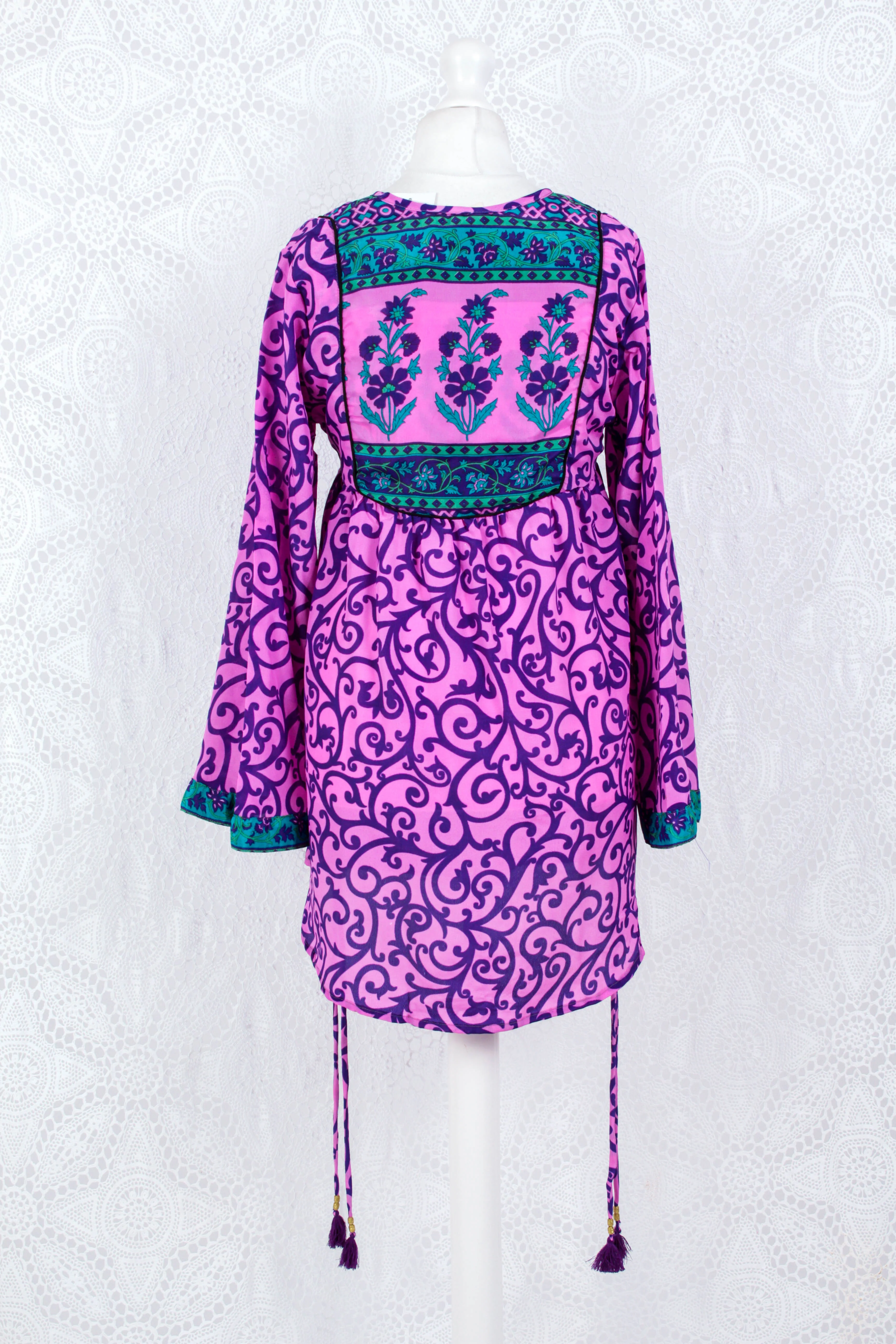 Jude Tunic Top - Vintage Indian Sari - Pink & Purple Floral (XS) - Image 3