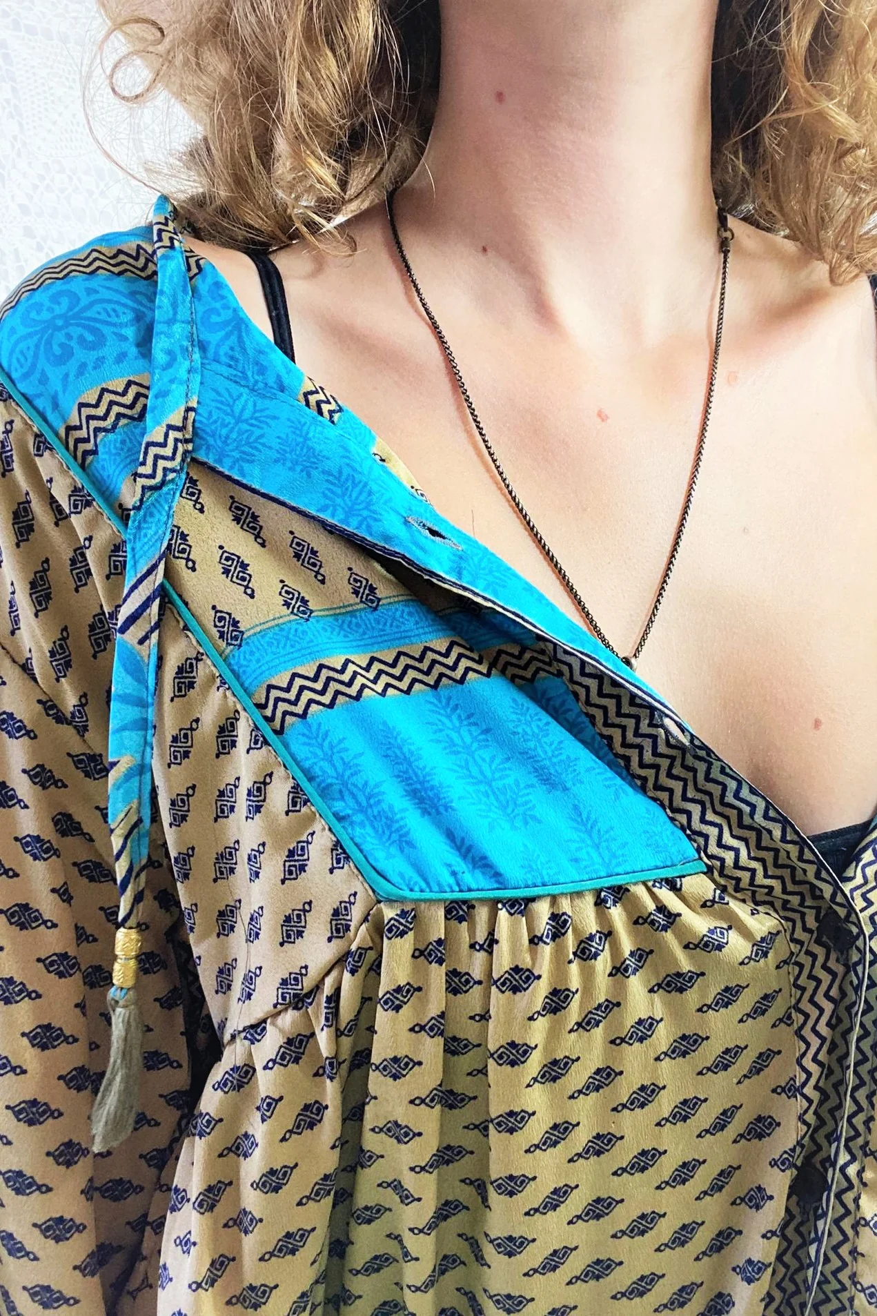 Jude Tunic Top - Vintage Indian Sari - Champagne, Sapphire & Turquoise Motif - S/M - Image 4