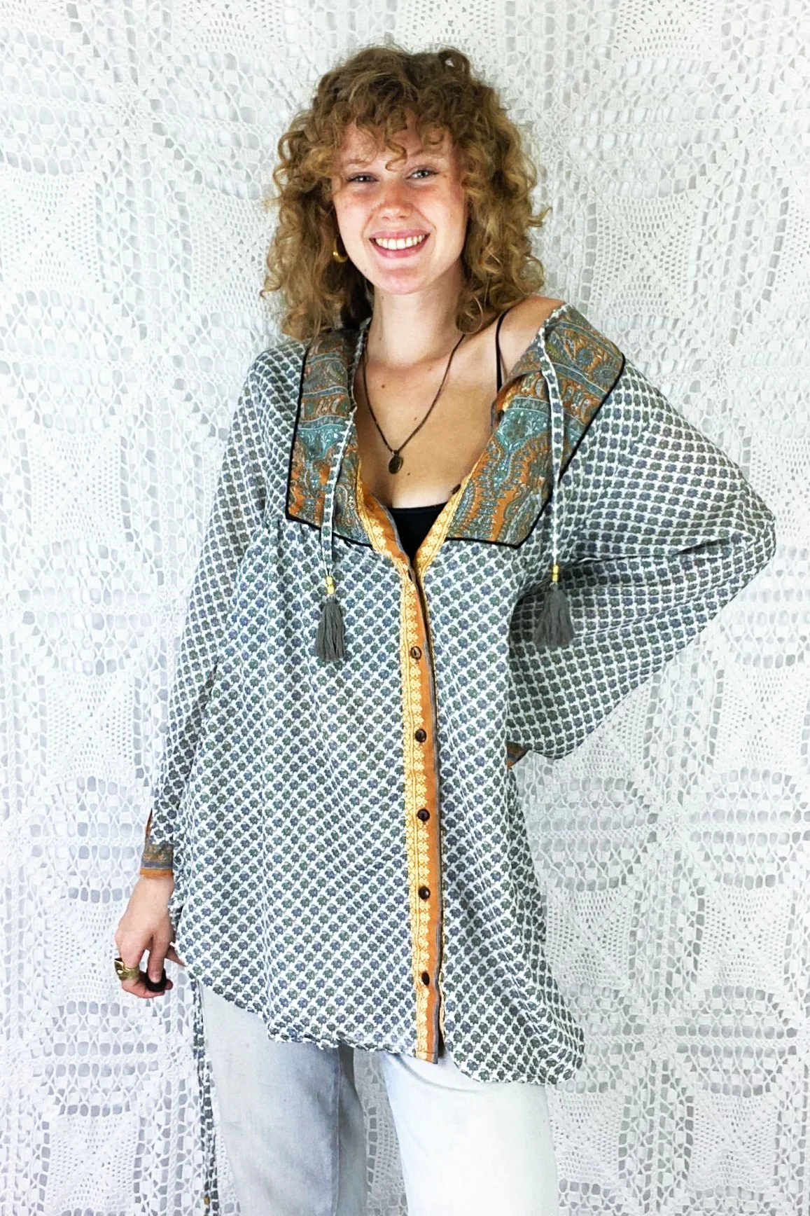 Jude Tunic Top - Vintage Indian Sari - Snow, Sage & Amber with Golden Embroidery - XS - Image 2