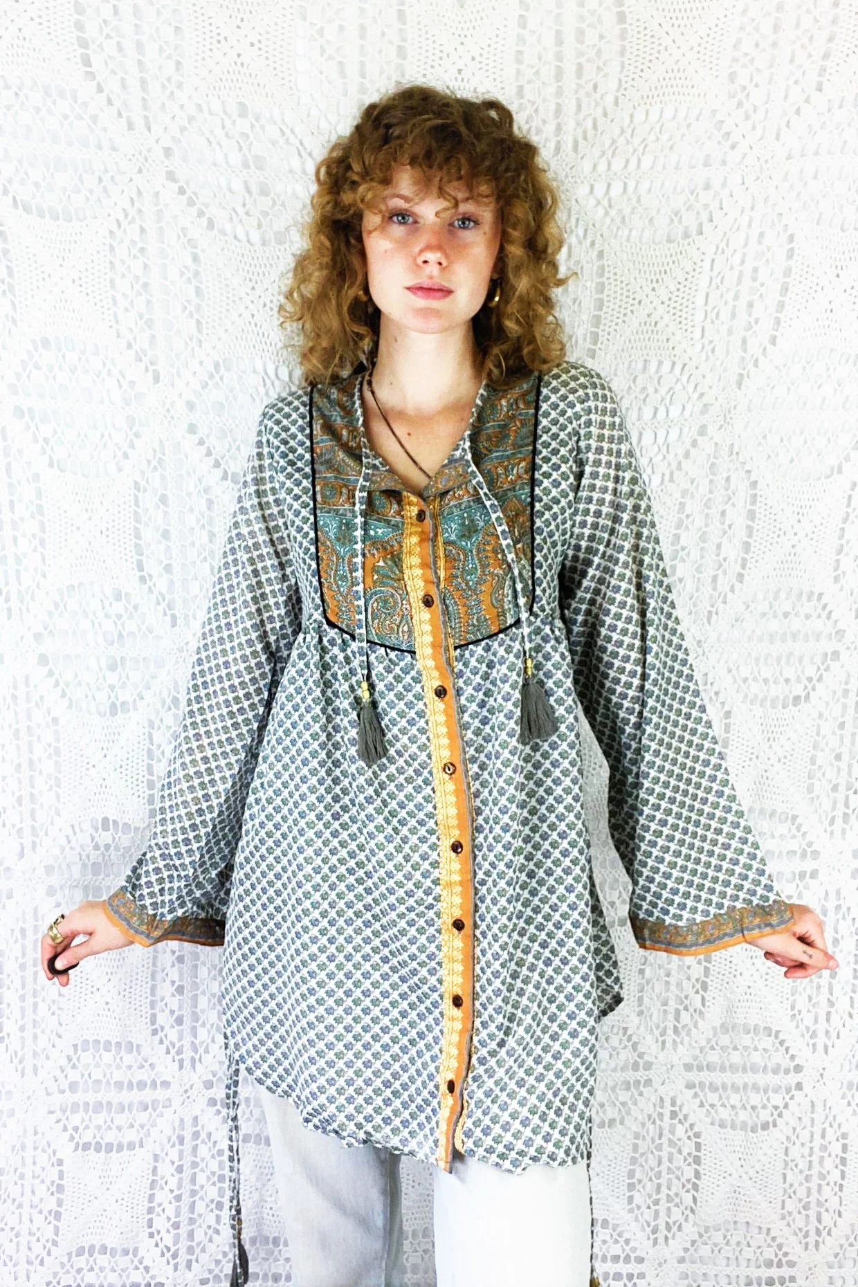 Jude Tunic Top - Vintage Indian Sari - Snow, Sage & Amber with Golden Embroidery - XS - Image 3