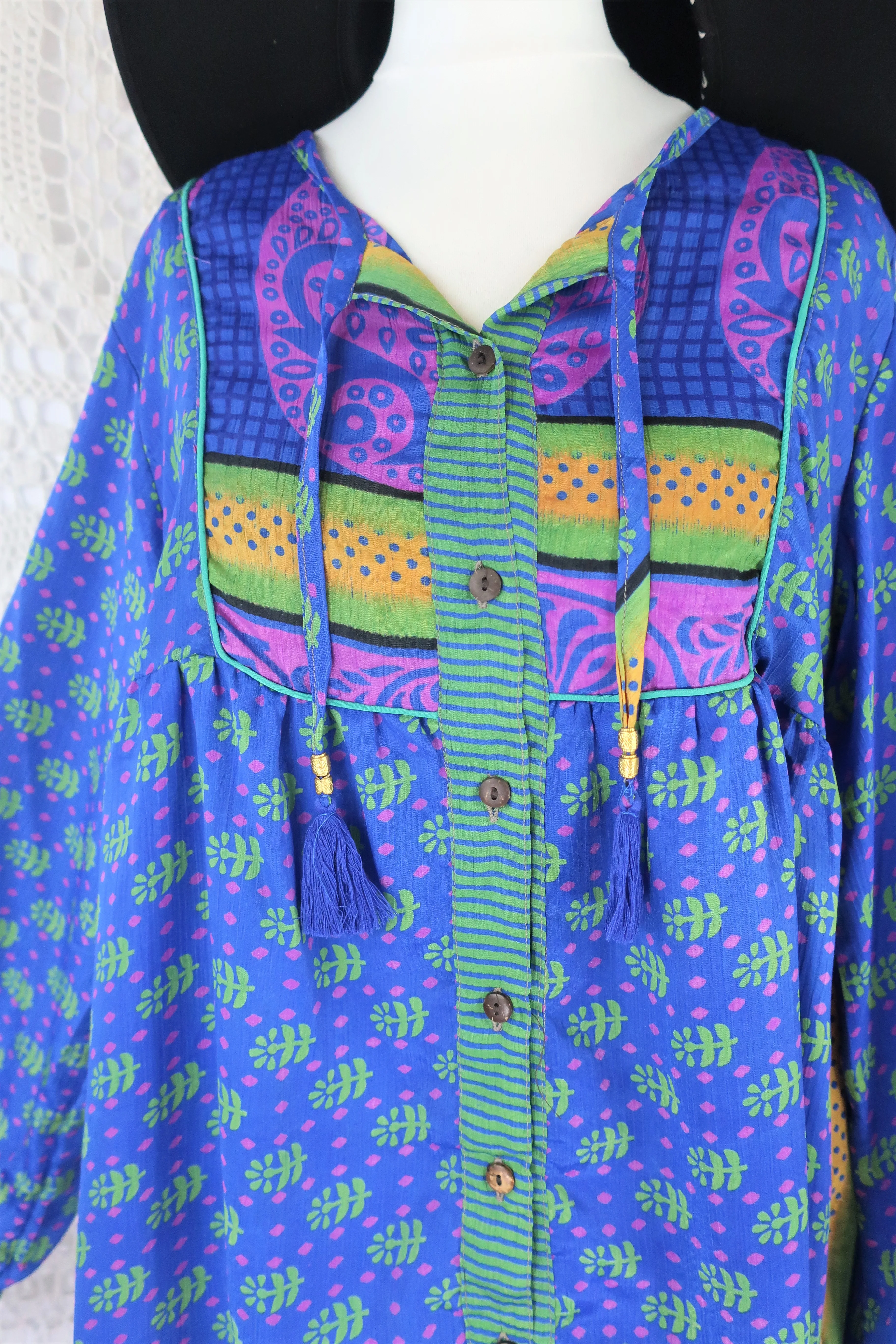 Jude Tunic Top - Vintage Indian Sari - Lapis & Soft Green Floral Tiles - S - Image 2