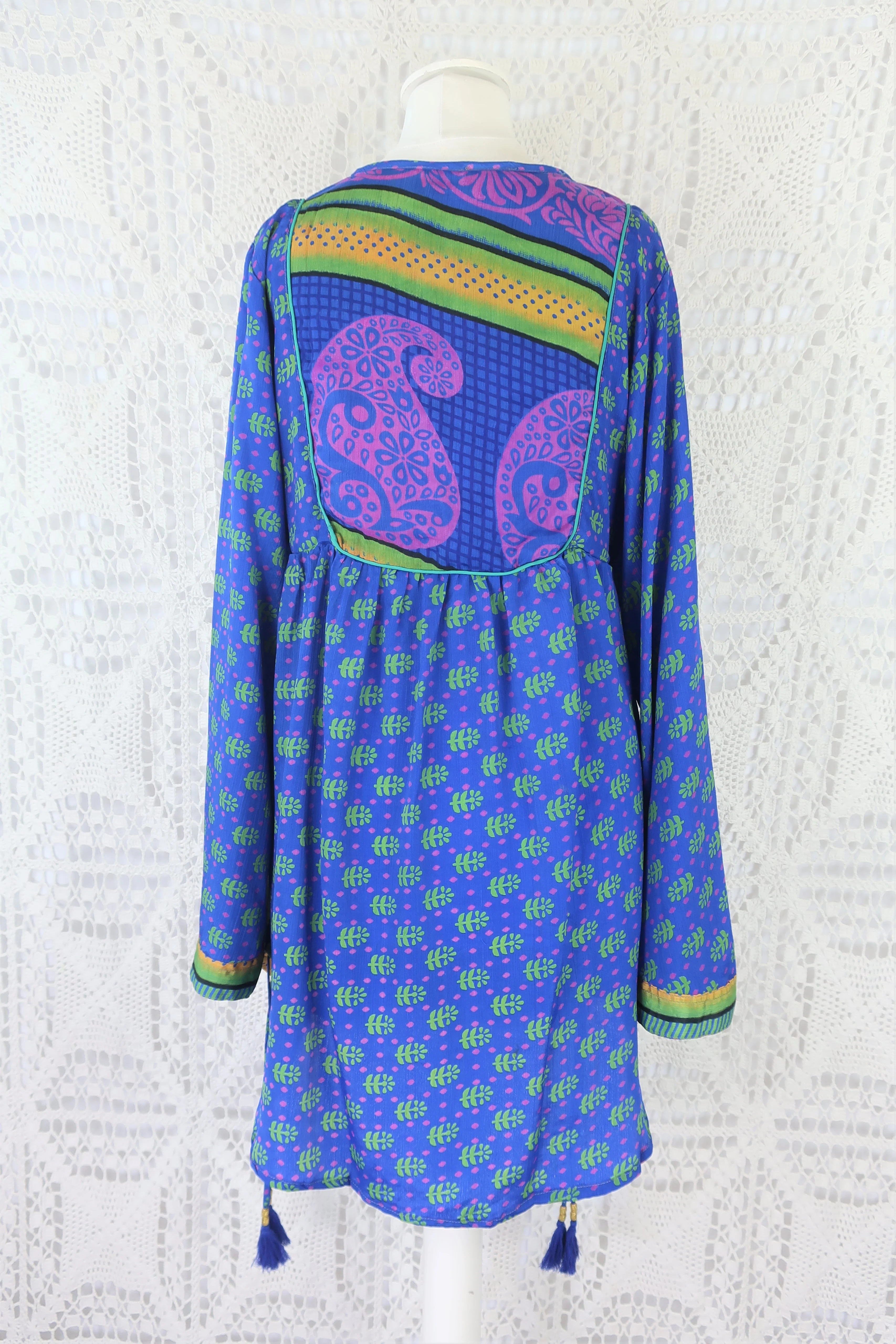 Jude Tunic Top - Vintage Indian Sari - Lapis & Soft Green Floral Tiles - S - Image 5