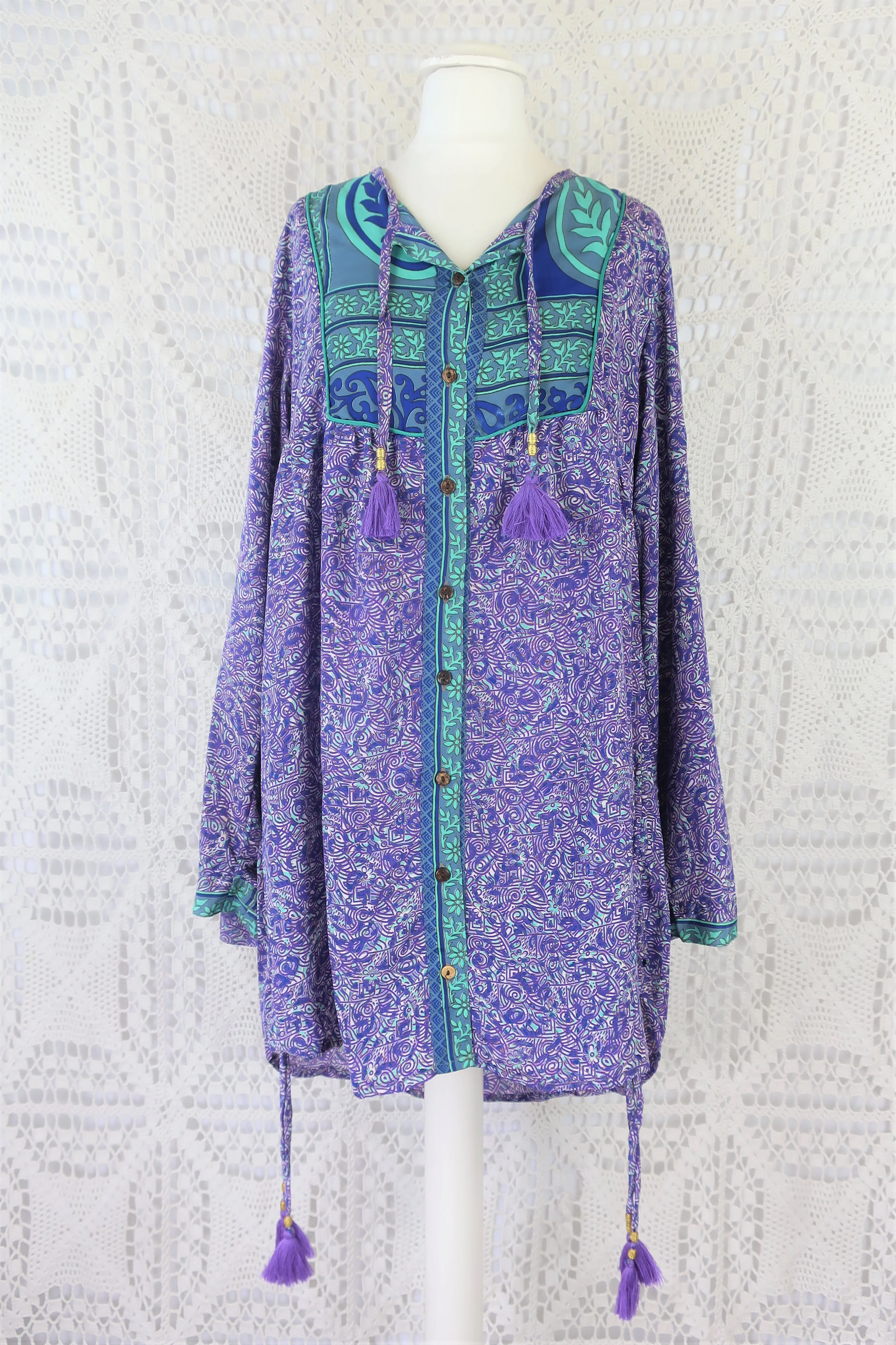 Jude Tunic Top - Vintage Indian Sari - Violet, Mint & Indigo Paisley Labyrinth - S/M - Image 3