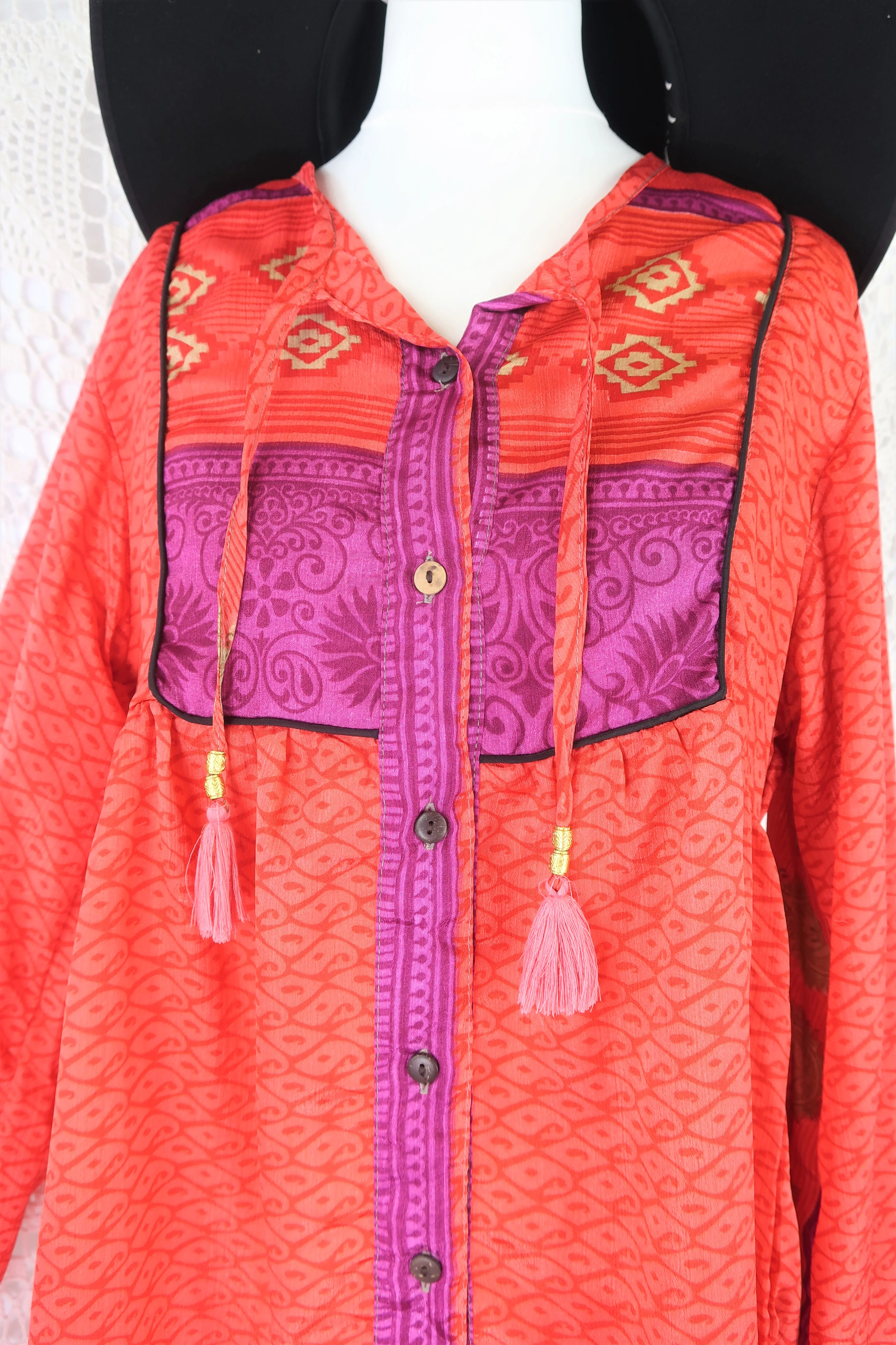 Jude Tunic Top - Vintage Indian Sari - Cupid Red Paisley Shimmer - XS - Image 2