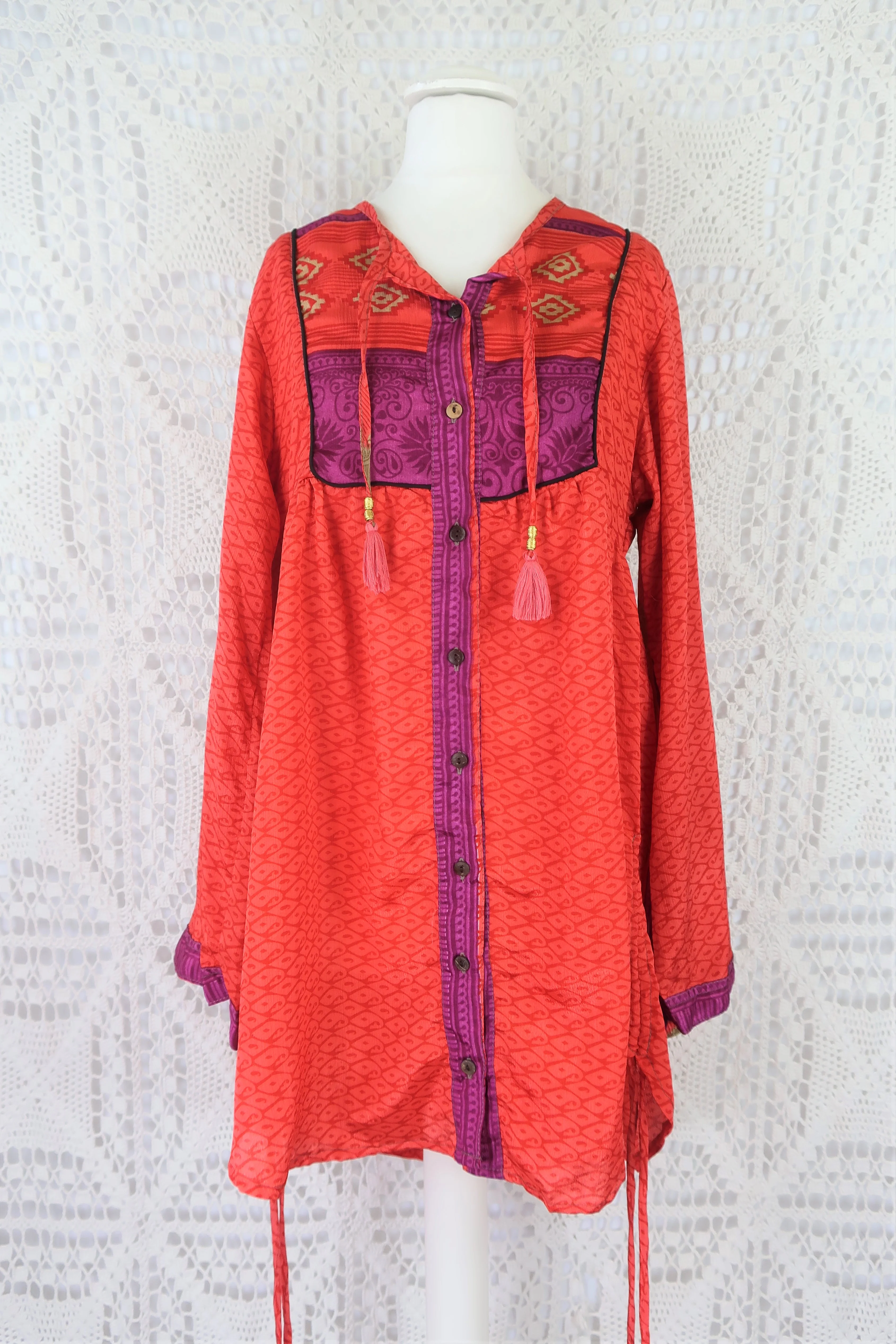 Jude Tunic Top - Vintage Indian Sari - Cupid Red Paisley Shimmer - XS - Image 3