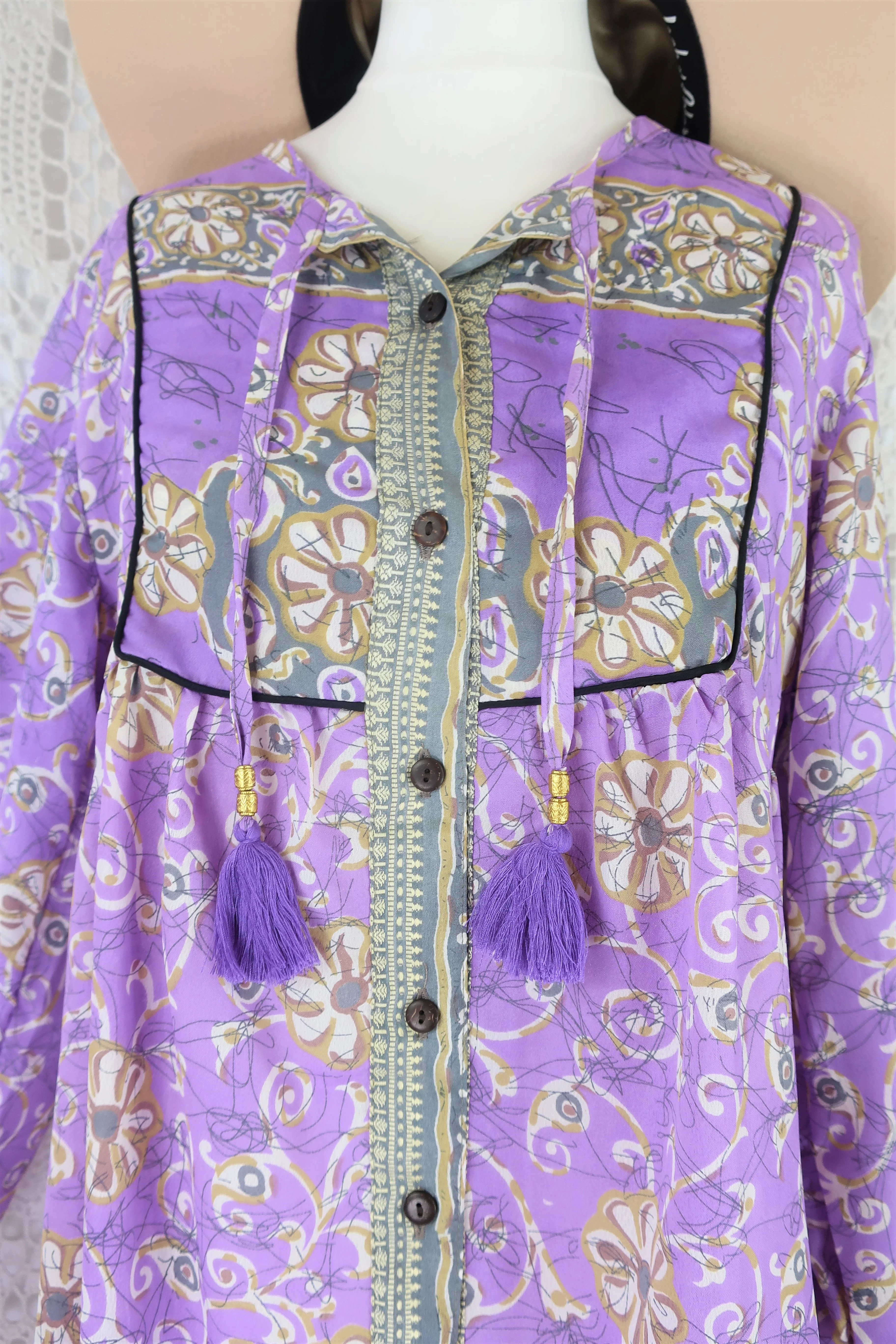 Jude Tunic Top - Vintage Indian Sari - Lilac, Silver & Ivory Floral - XS - Image 2