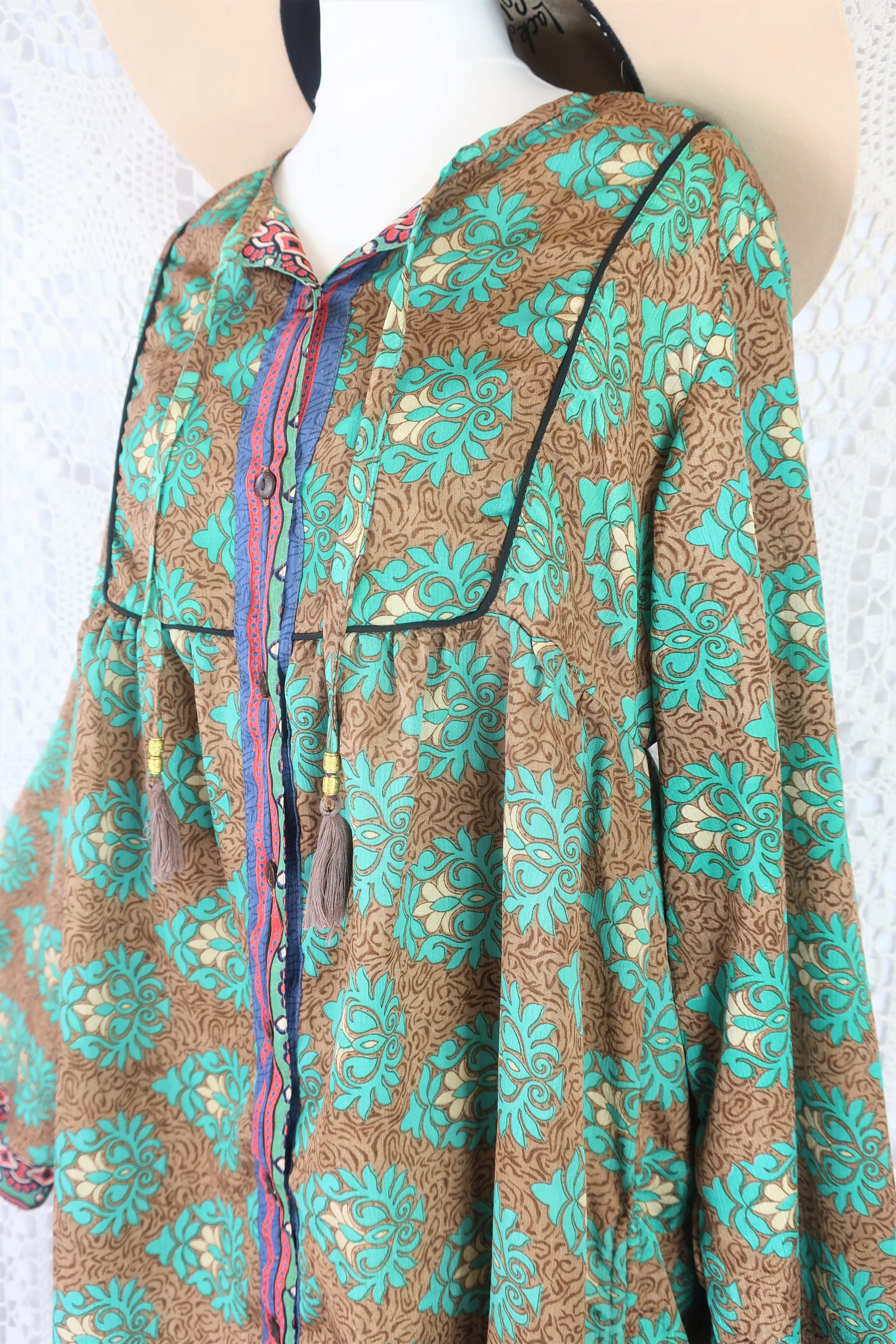 Jude Tunic Top - Vintage Indian Sari - Wood & Jade Floral Motif - XS - Image 2